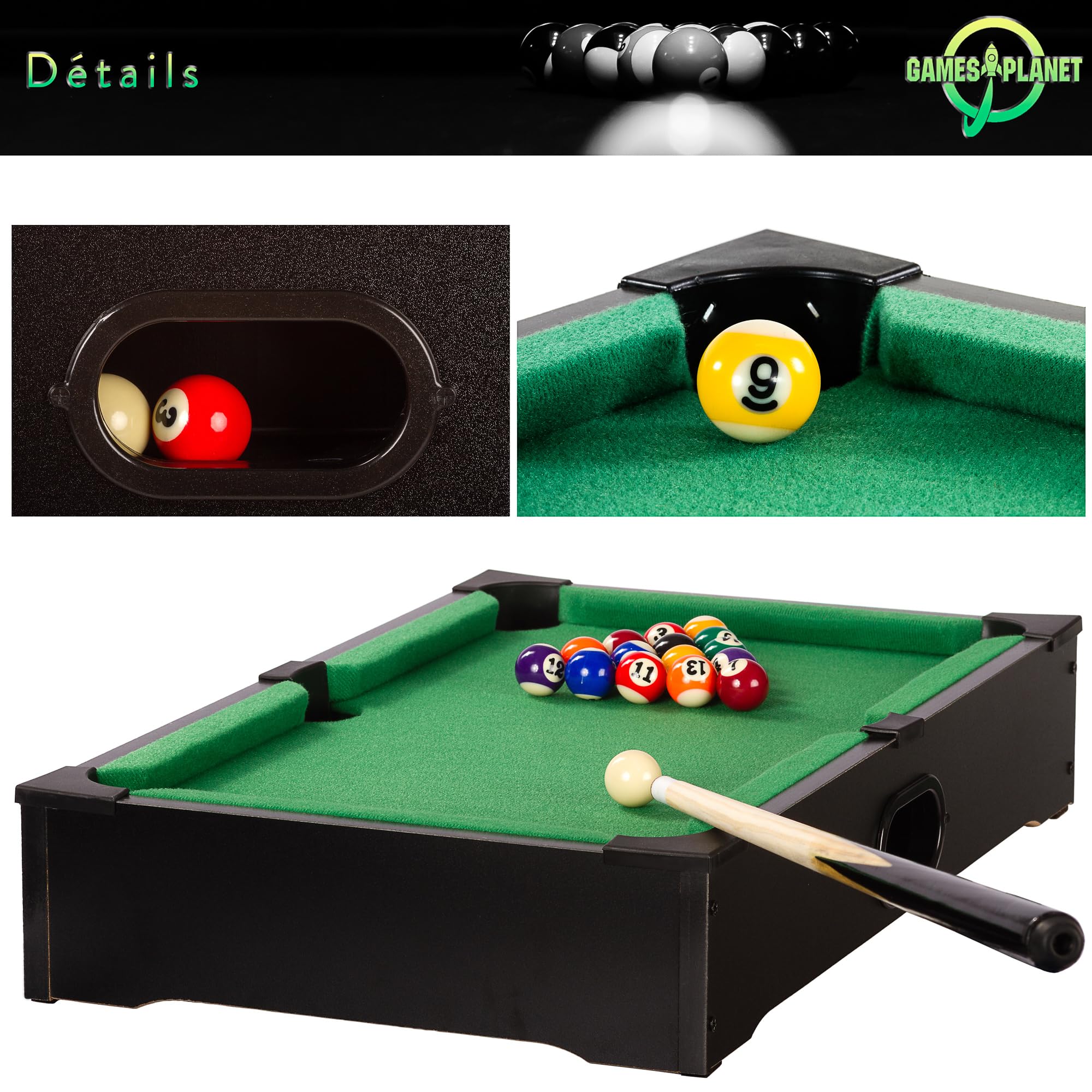 GAMES PLANET Mini Billard Nano avec Accessoires (2 queues, Boules, Triangle, Craie), 3 décors, Dimensions : 51 x 31 x 10 cm
