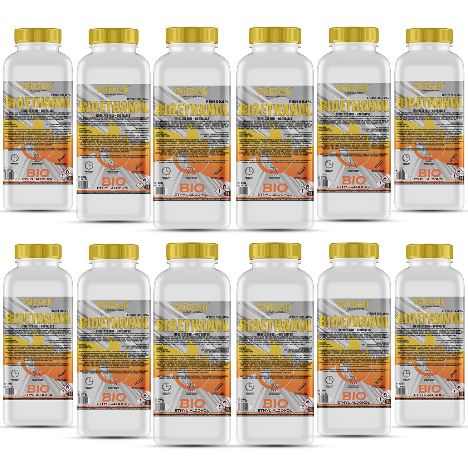 GiDeli Bioéthanol 12 l éthanol 96,6 % alcool bio inodore combustion propre pour cheminée intérieure et extérieure