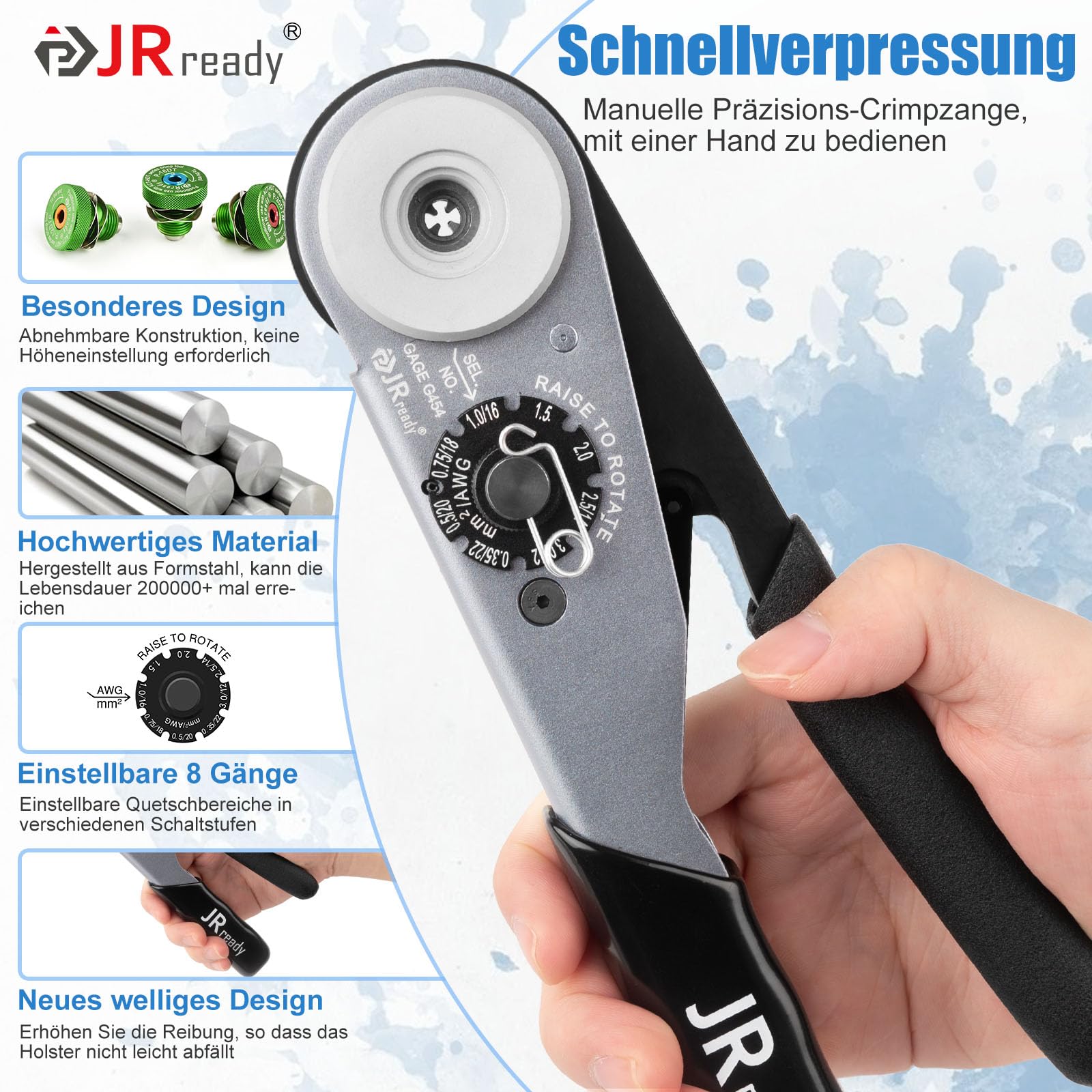 JRready ST2180 Deutsch Crimpzange, DT,DTM,DTP Steckverbinder Crimpzange mit drei Positionierern, 0.35-3mm² ACT-HDT Crimpwerkzeug für Auto