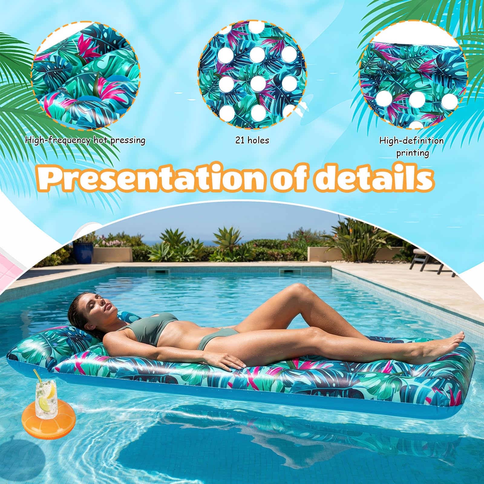 Luftmatratze Pool Erwachsene, Aufblasbare Wasserhängematte mit Kopfstütze, Lounge Liege mit 21 Löchern, Schwimmmatratze für Strand Sommer Wasserparty, PoolZubehör, 180X86 cm (Blau)