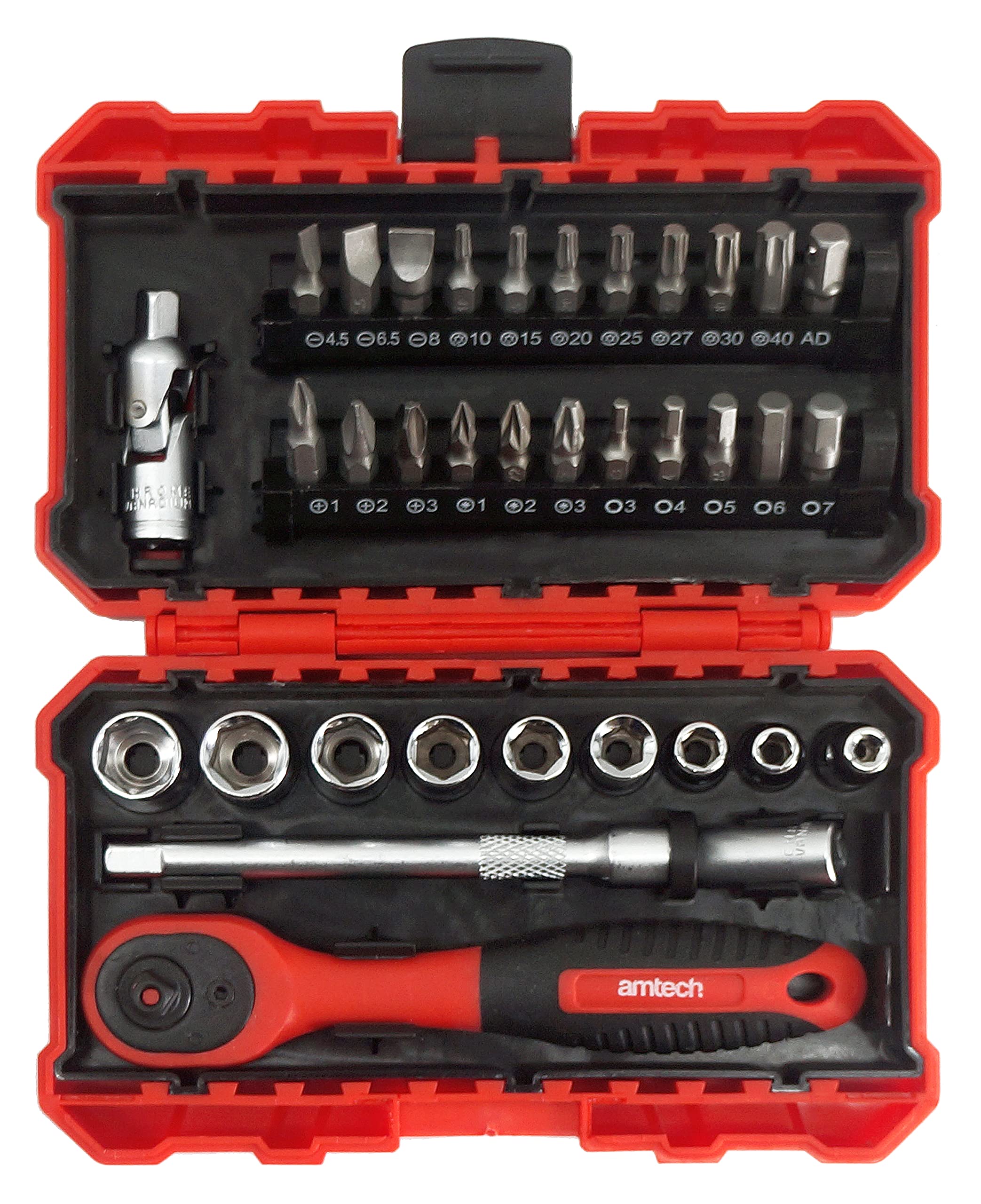 Amtech - 1/4in Metric Socket & Bit Set, 72T Quick-Release Ratchet, 9 sockets 4–13mm, 22 bits, 100mm Extension & Universal Joint, for Furniture, Bikes & auto Maintenance (35pc)