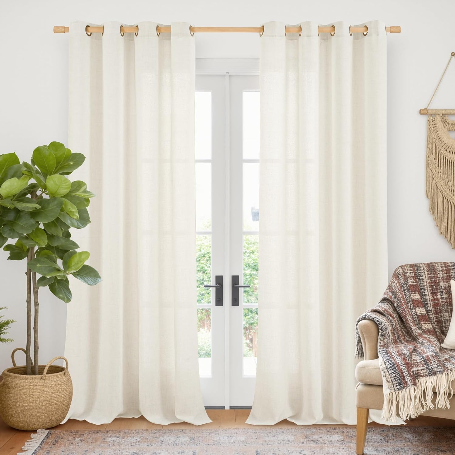 YoungsTex Ivory Linen Curtains 84 Inch Length for Living Room, Rusitc Semi Sheer Drapes with Bronze Grommet Privacy Light Filtering for Bedroom Farmhouse Decorative, 52 x 84 Inch, 2 Panels