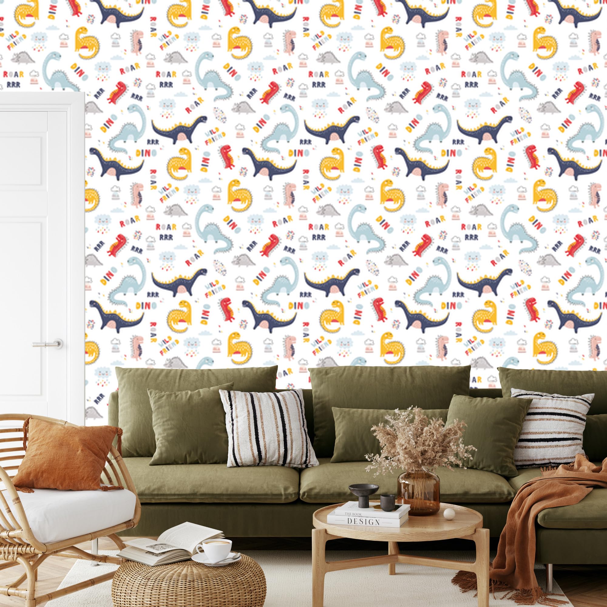 Vliestapete Bunte Wolkendinosaurier 50 x 1000 cm | Ausdrucksstarke Faunadarstellung; Lebendige Naturkulisse; Charaktervoller Zimmerschmuck; Kleister im Set