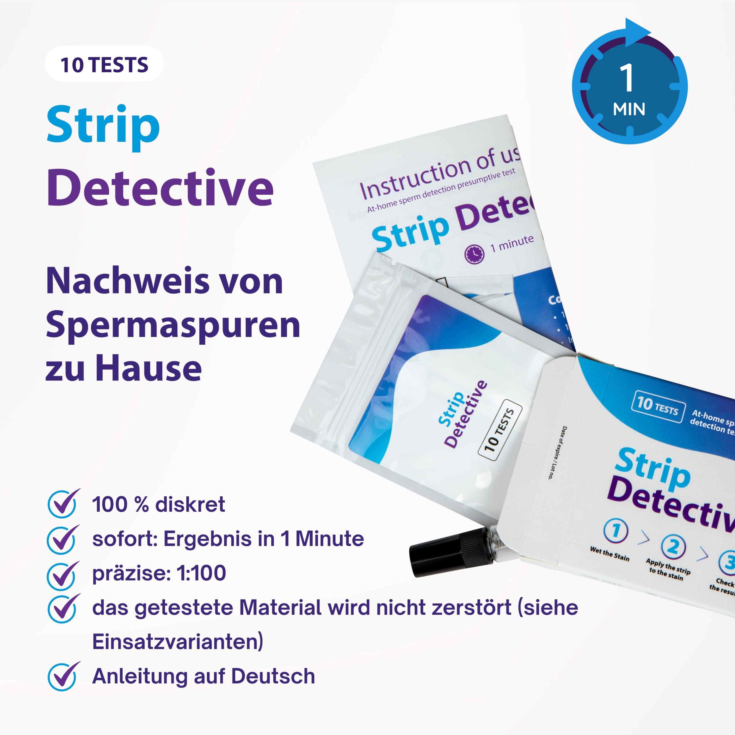 Home Verratstest – Spermanachweis-Heimtest, 10 Teststreifen + Sprühflasche – Ergebnis in 2 Min – Nachweis saurer Phosphatase auf Textilien & Oberflächen – diskret & einfach