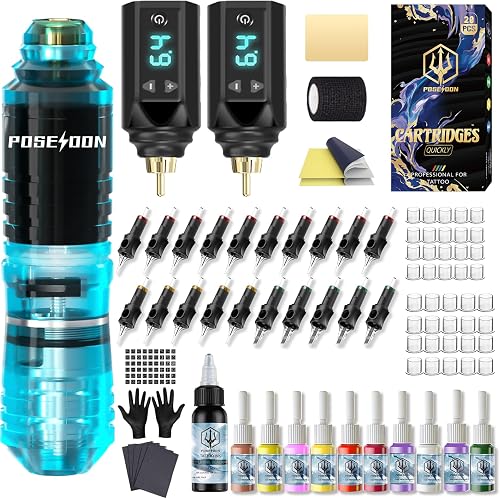 Tattoo Gun Kit POSEIDON Tattoo Kit Pen Kit with 2pcs 1500mAh Batteries Tattoo Machine Kit with 20pcs Tattoo Cartridge Needles 11pcs Tattoo Inks for Beginner