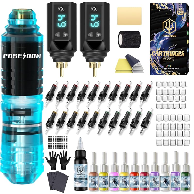 Kit para Tatuagem POSEIDON com Máquina sem Fio, 2 Baterias e Acessórios