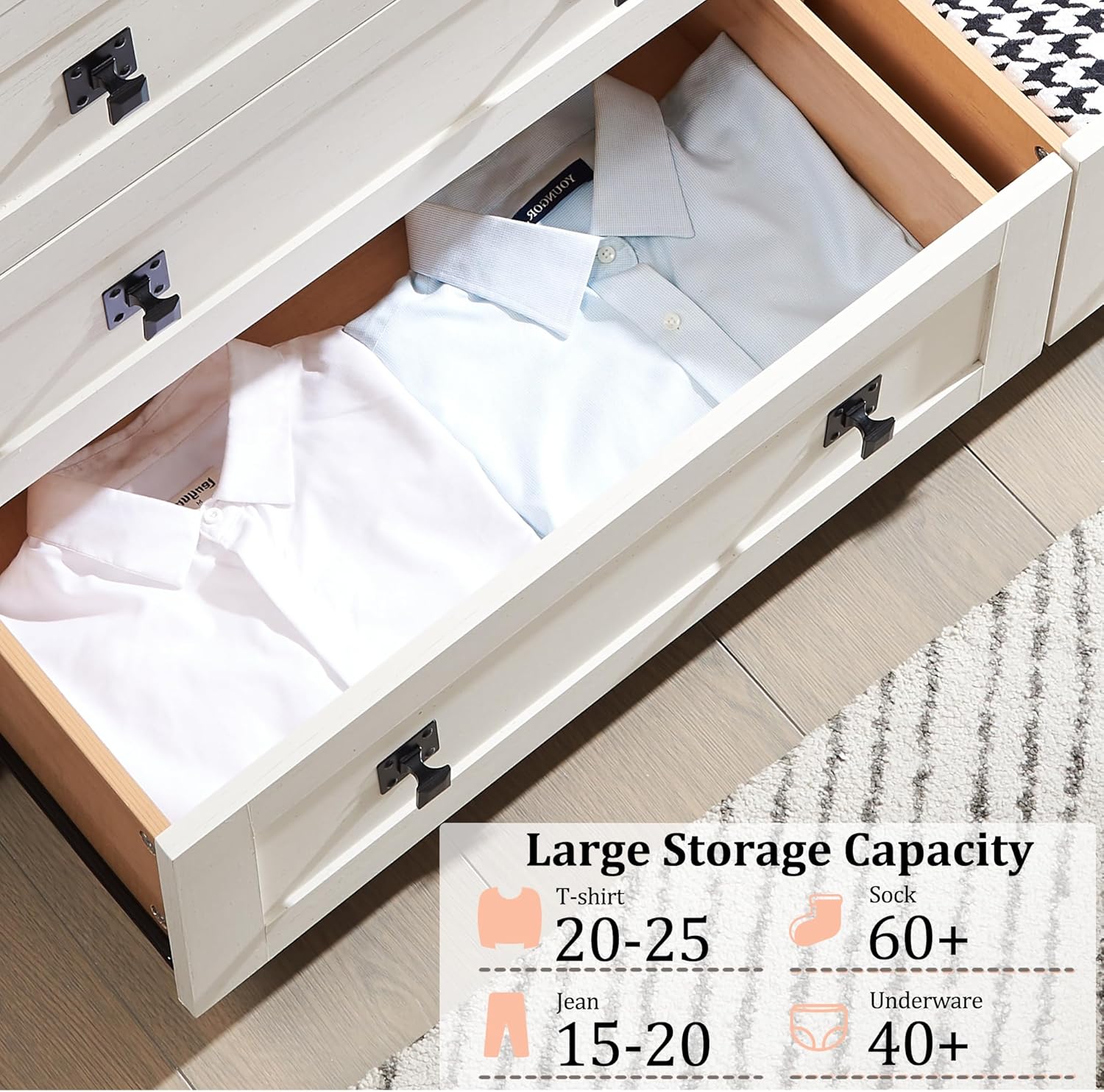 Close-up of an open dresser drawer filled with folded shirts, illustrating large storage capacity