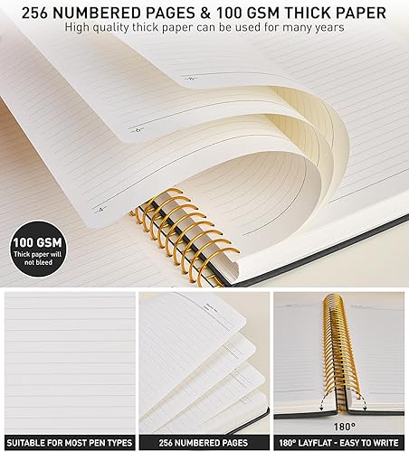 Miniatura 5 de Cuaderno de espiral A4 de 8.5 x 11 pulgadas, 256 páginas numeradas, de tapa dura, de cuero, para mujeres y hombres, cuadernos grandes rayados
