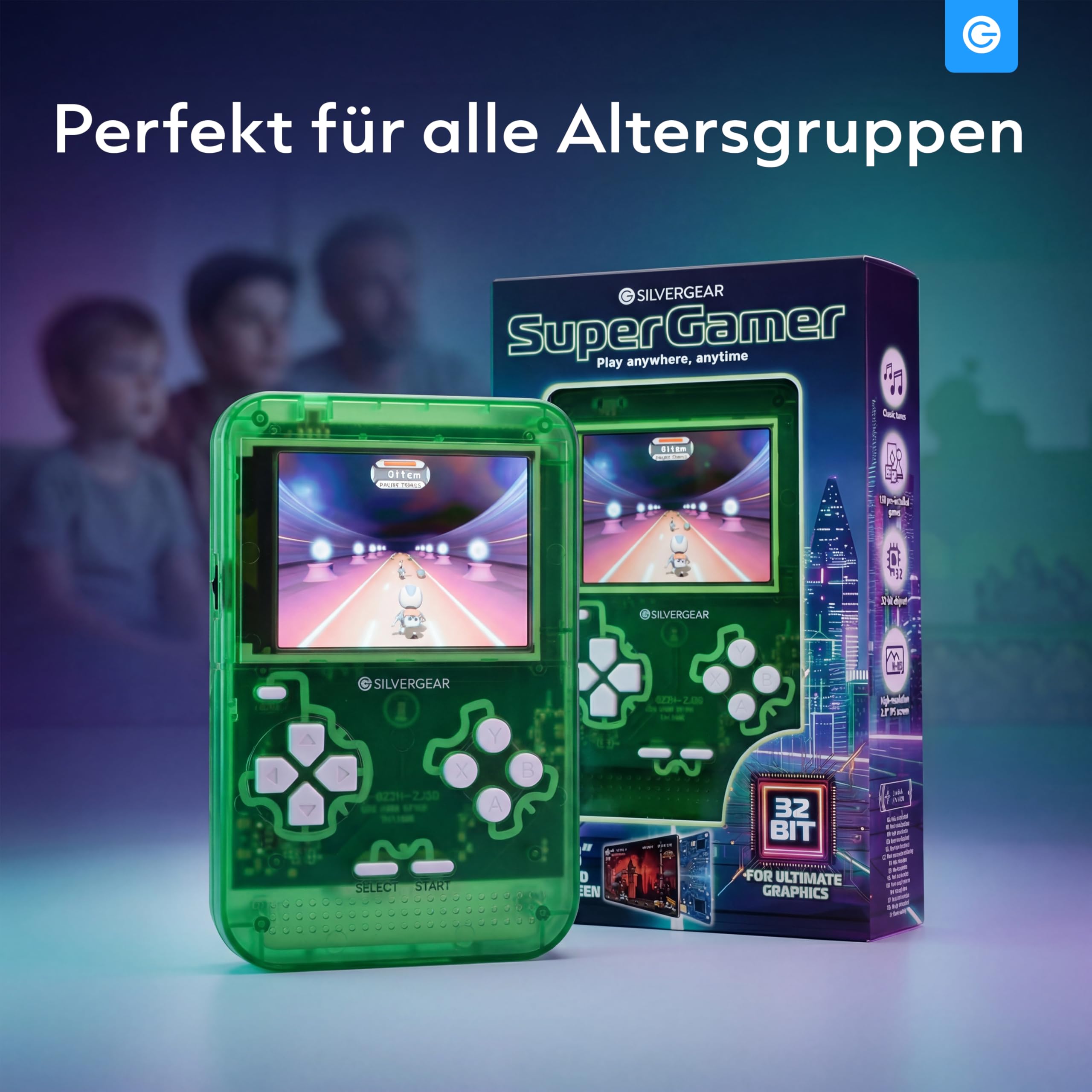 Silvergear® Retro Spielkonsole 32-bit | Handheld Konsole mit 150 Spielen | Tragbare Arcade Konsole | 2.8 Zoll LCD Bildschirm | Retro Games & Klassische Spiele | Kinder Spielkonsole | Grün