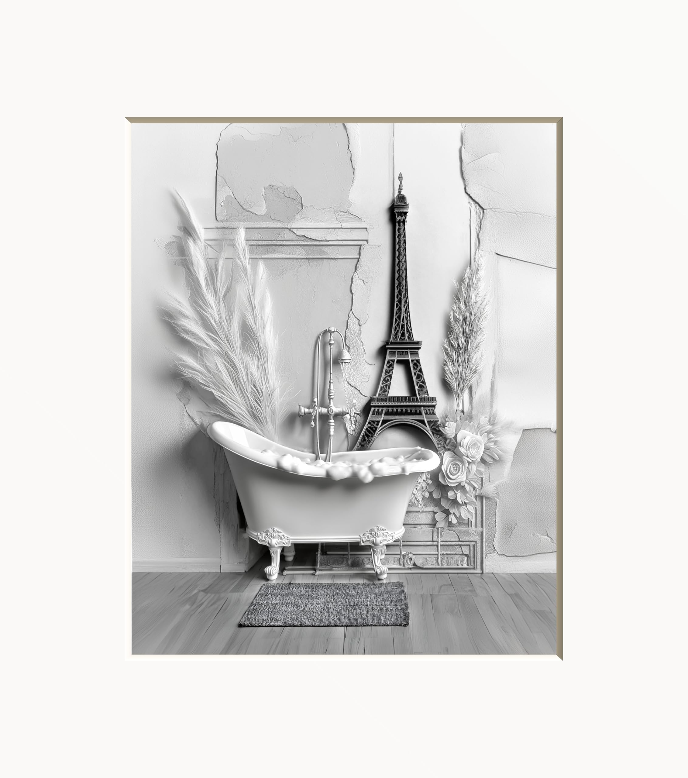 Black White Bathroom Wall Art, Paris Theme Bathroom Decor, Black White Matted Handmade Wall Art (Paris Them Bath)