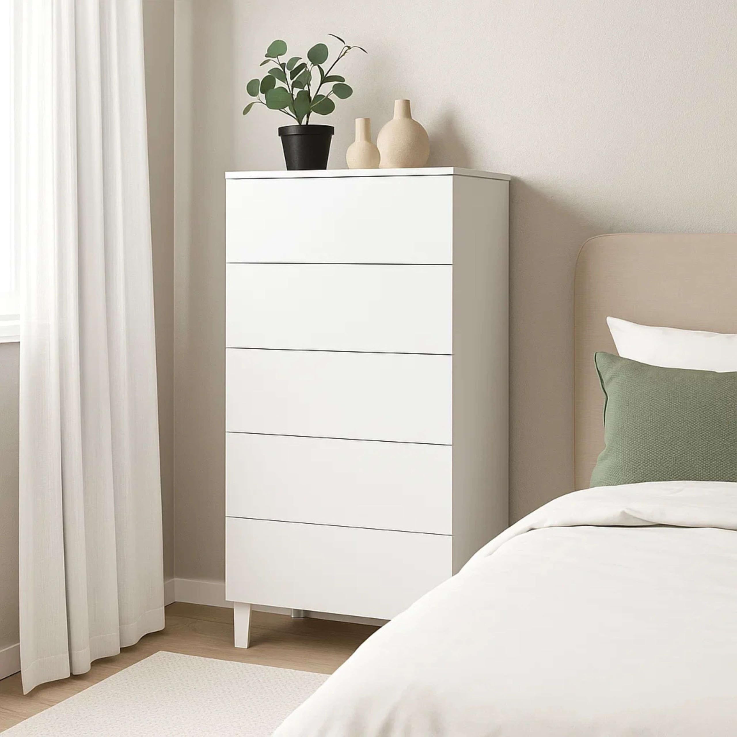 Habitdesign Cómoda 5 Cajones, 117x61x40 (AltoxAnchoxFondo-en cm), Sinfonier Dormitorio Color Blanco Brillo, Modelo Loft