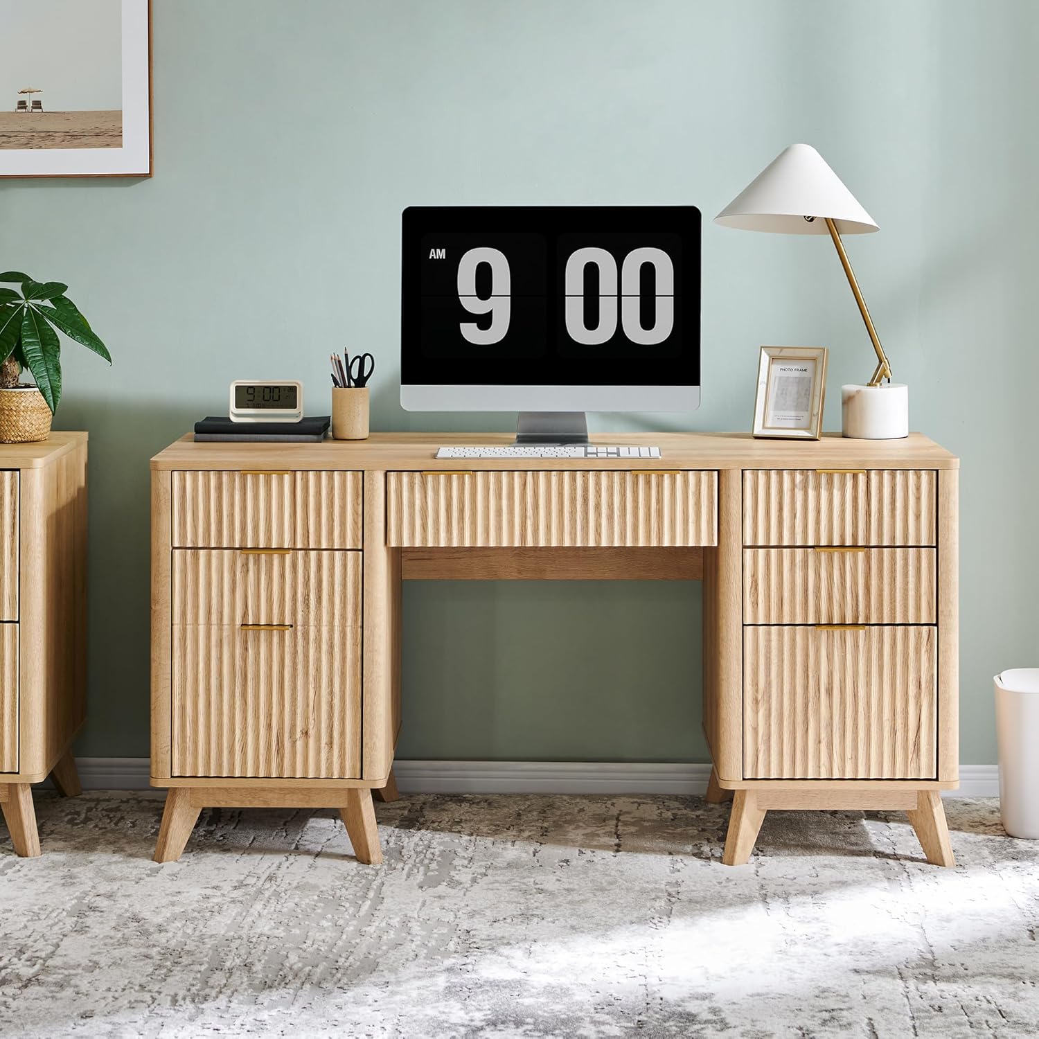 T4TREAM Fluted Executive Desk with Drawers, 60" Modern Home Office Computer Desk with Charging Station, File Cabinet, Keyboard Tray and Storage Cabinet for Study, Living Room, Bedroom, Natural Oak - Image 7