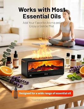 Essential Oil Diffuser Humidifier with Fireplace Flame Effect