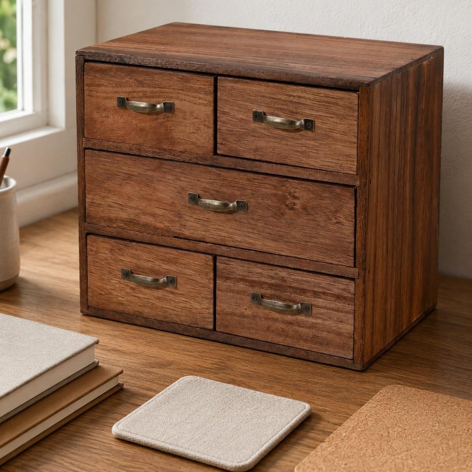 Cassettiera da Scrivania in Legno Massello Organizer Cassettiere Schedario Cassetti Portadocumenti Porta Ufficio 5 Vani Separazione Oggetti Piccoli Accesso Facile Adatta a Scrivanie Casa