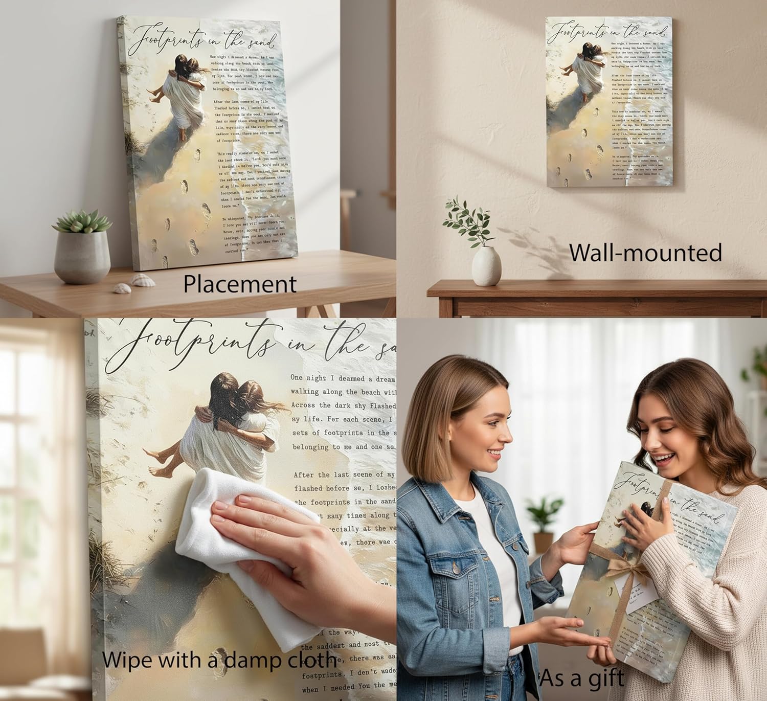 Footprints in the Sand Canvas Wall Art Chrisitan Inspirational Painting Picture Jesus Hugging Woman on Beach Poster Prints for Christian Women Living Room Bedroom Wall Decor 16x24in Framed