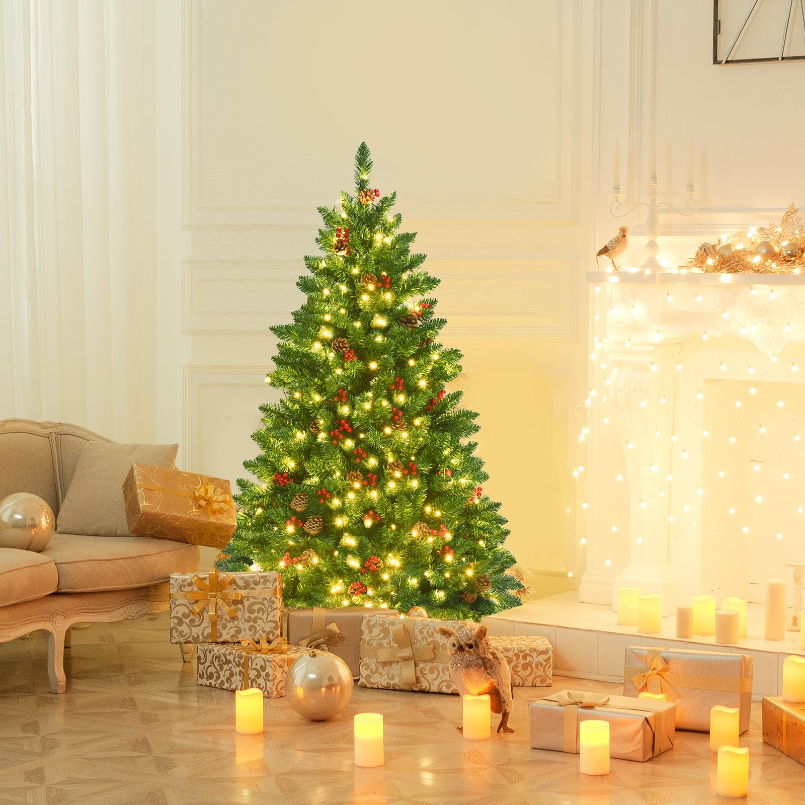 LIFEZEAL Sapin de Noël 195 cm, Arbre de Noël Artificiel avec 450 LED, 1100 Branches, 56 Baies, 56 Pommes de Pin, PVC Épais Ignifugé, Base en Métal, Décoration Intérieure et Extérieure