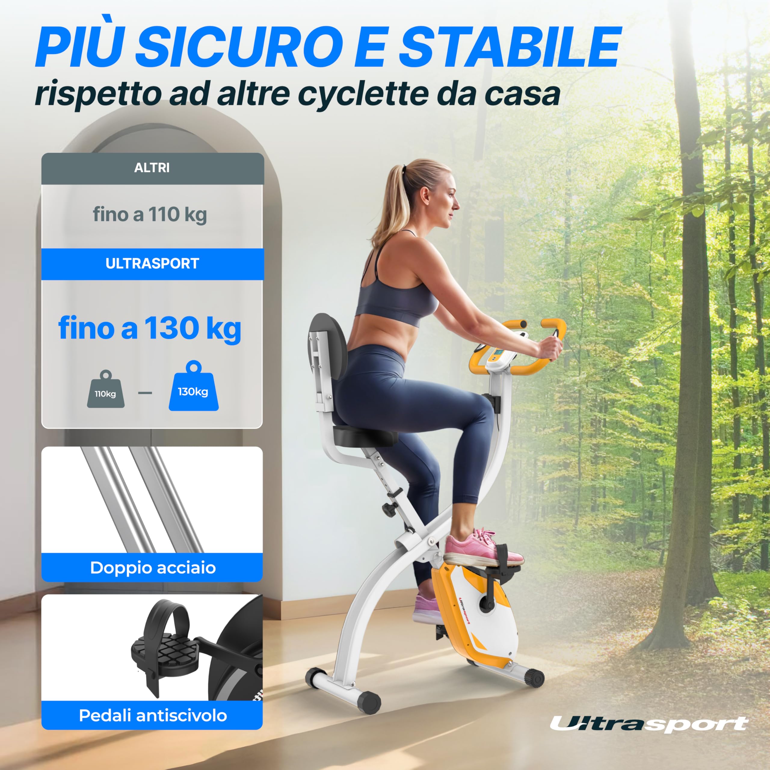 Ultrasport F-Bike Cyclette da Casa Pieghevole I Cyclette Pieghevole da Casa fino a 130 KG con Sella Extra Confortevole, LCD Display e Sensori delle Pulsazioni, Cyclette da Camera
