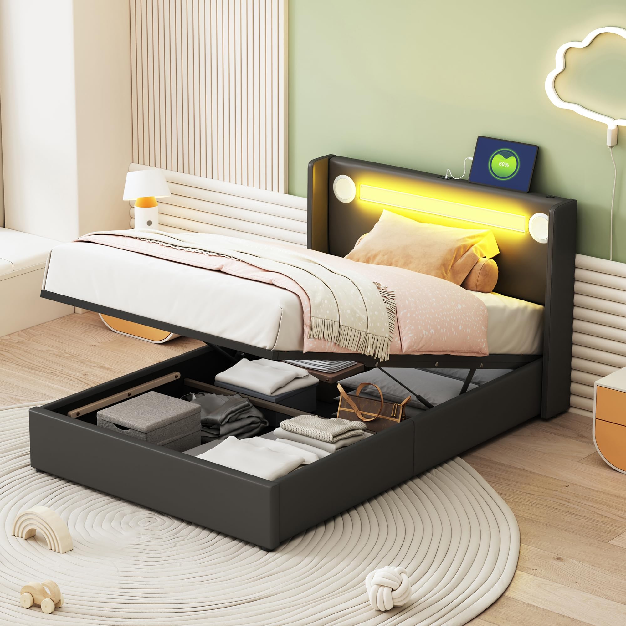 Merax Cama tapizada de 90 x 200 cm con tiras de luz LED, espacio de almacenamiento cama con reproductor Bluetooth y carga USB, para jóvenes, adultos, piel sintética negra (sin colchón)