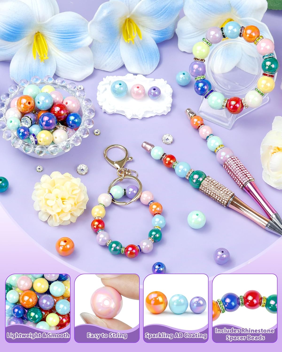 196PCS FIVEIZERO Focal Beads for Pens – 14mm AB Rainbow Acrylic Beads & 8mm Rhinestone Spacers in 12 Colors for Beadable Pens, Bracelets, Jewelry Making & DIY Crafts - Image 3