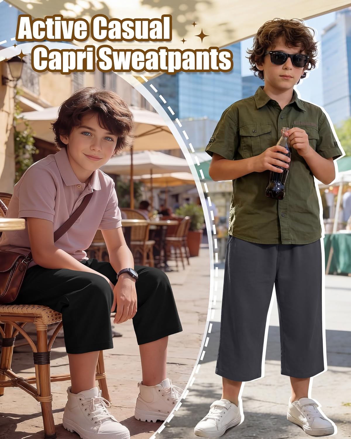 3 Pack Boys Capri Pants Kids Pull On Capris Elastic Waist 3/4 Sweatpants Below Knee Loose Shorts with Pockets