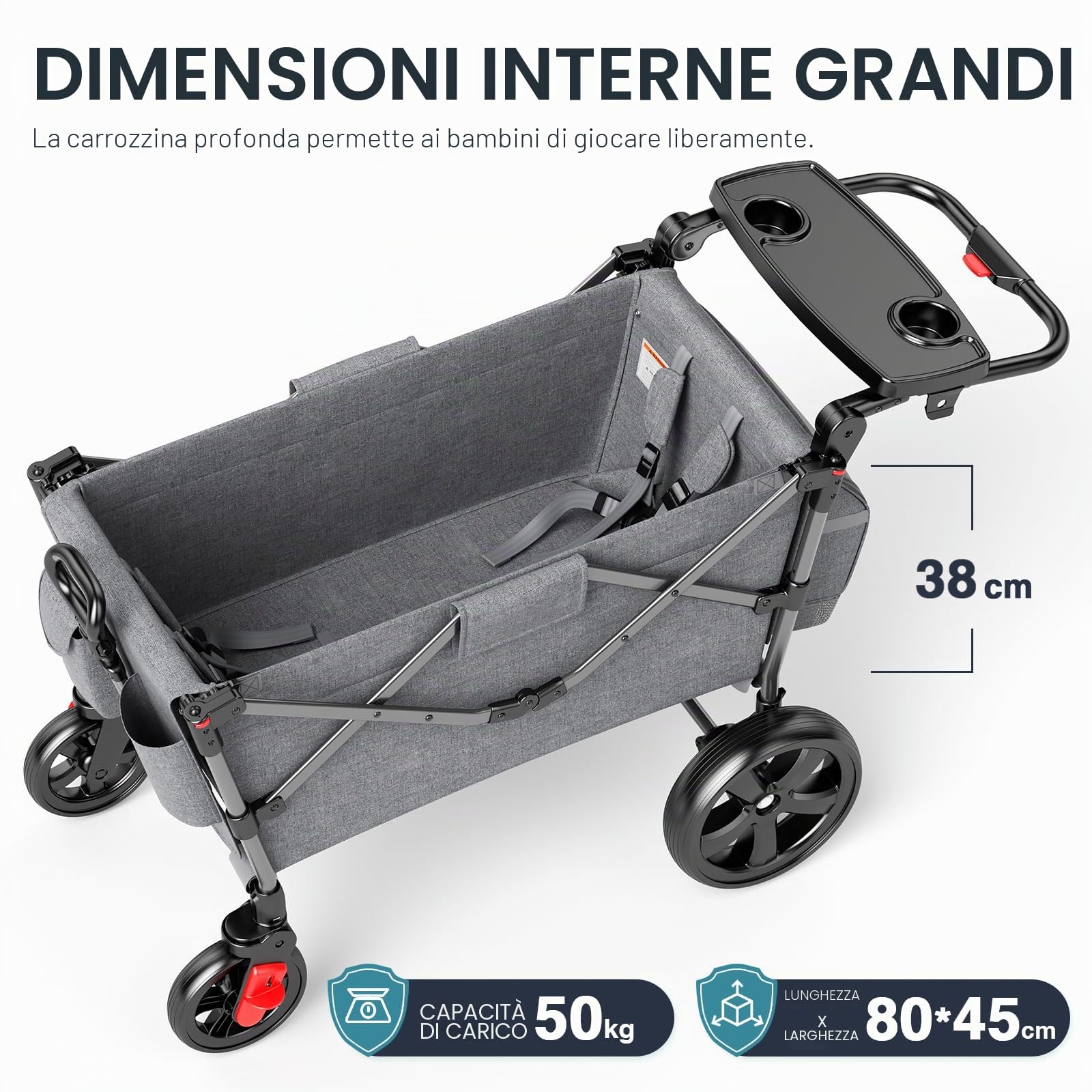 EVER ADVANCED Passeggino pieghevole per bambini con tetto, cintura di sicurezza 2x5 punti, carrello di trasporto con zaino, freno a pedale, capacità 50KG