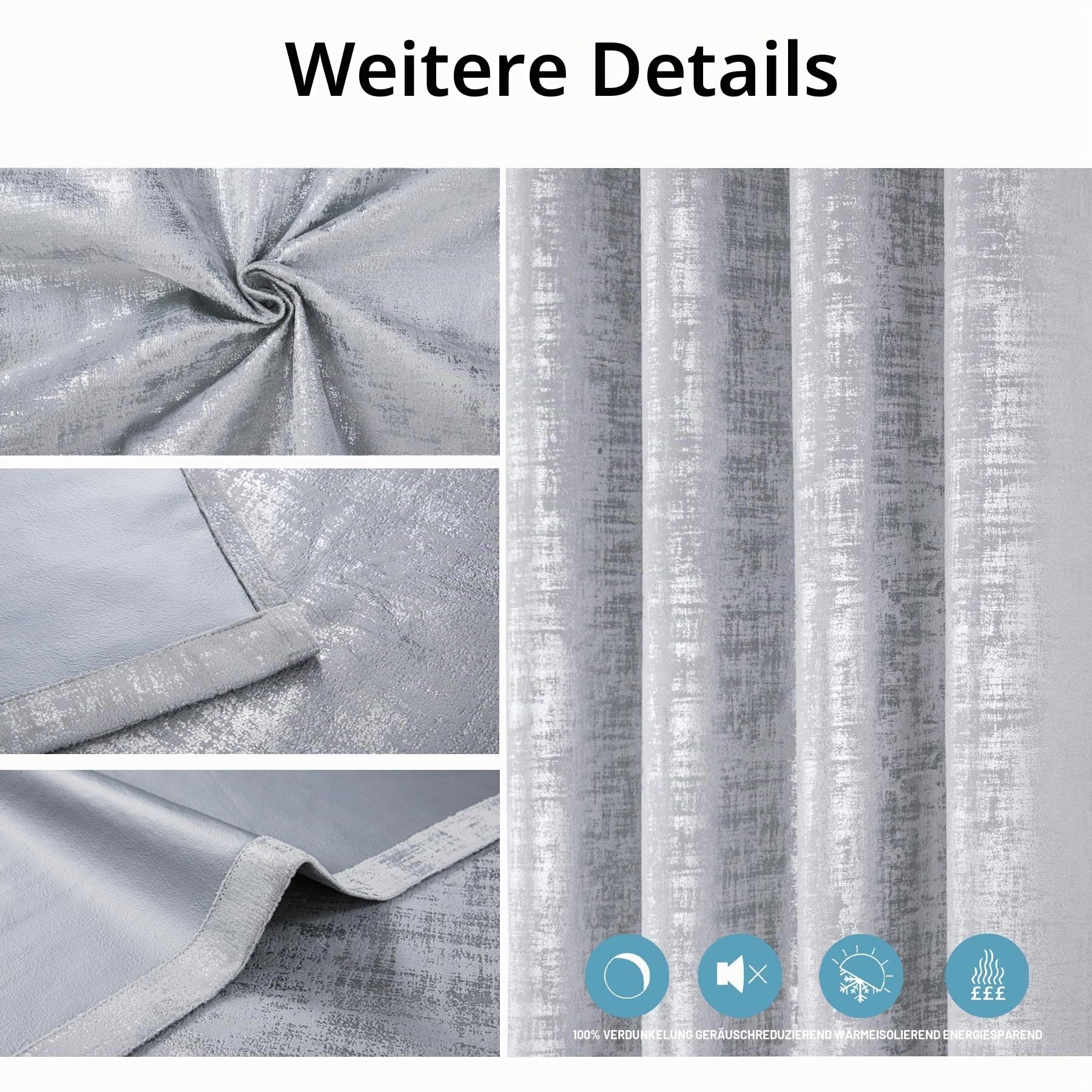 always4u Vorhänge Blickdicht 100% Verdunklungsvorhänge, Thermovorhang Hitzeschutz mit Ösen, Elegant Samtvorhänge mit Silberdruck für Schlafzimmer Wohnzimmer, Silber, 2er Set 140×245cm