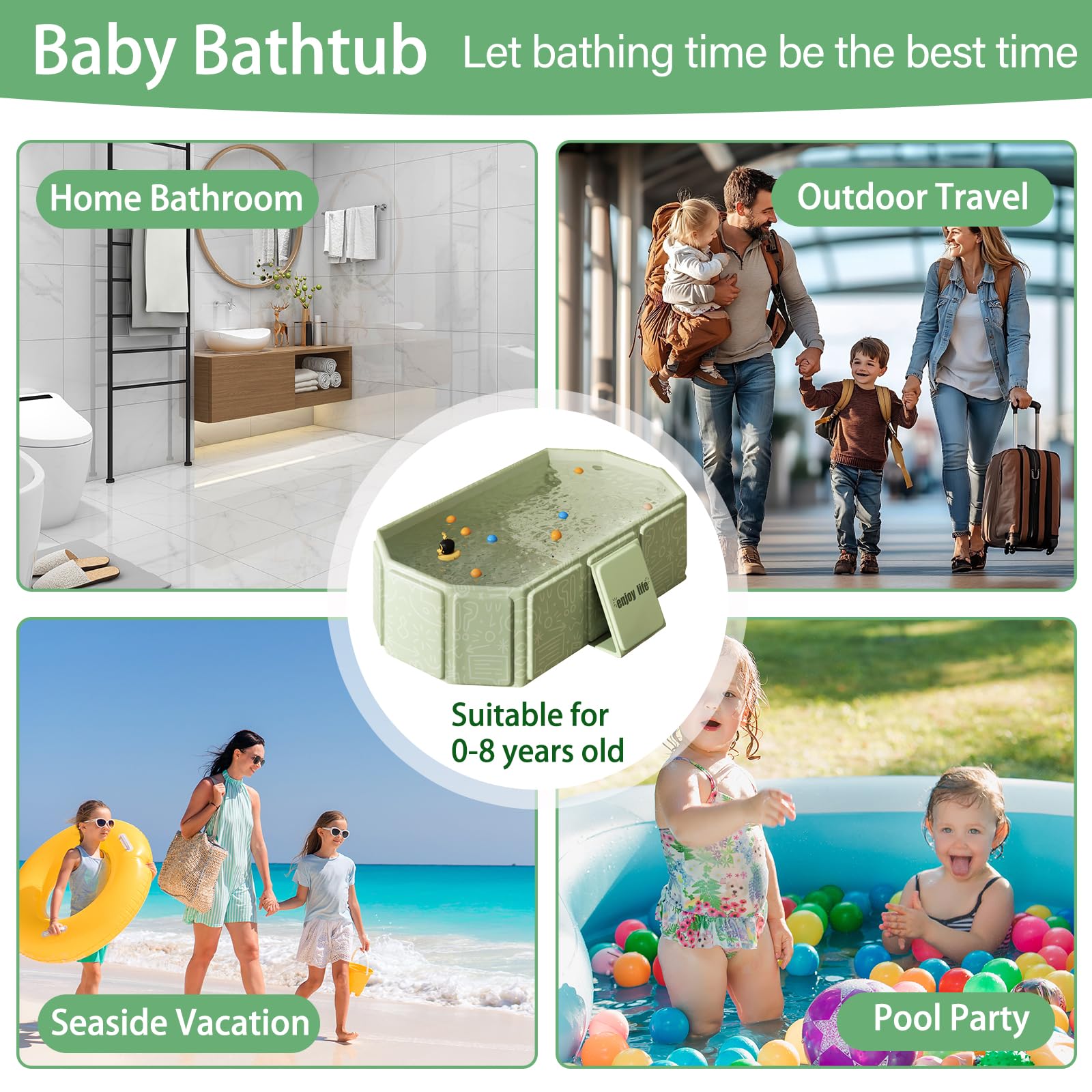 Faltbare Kinderbadewanne – Multifunktionale Badewanne für Dusche, platzsparend und tragbar, ideal für Kinder von 0-8 Jahren – Faltbare Badewanne für Zuhause und Reisen mit Abflussstopp (Grün)
