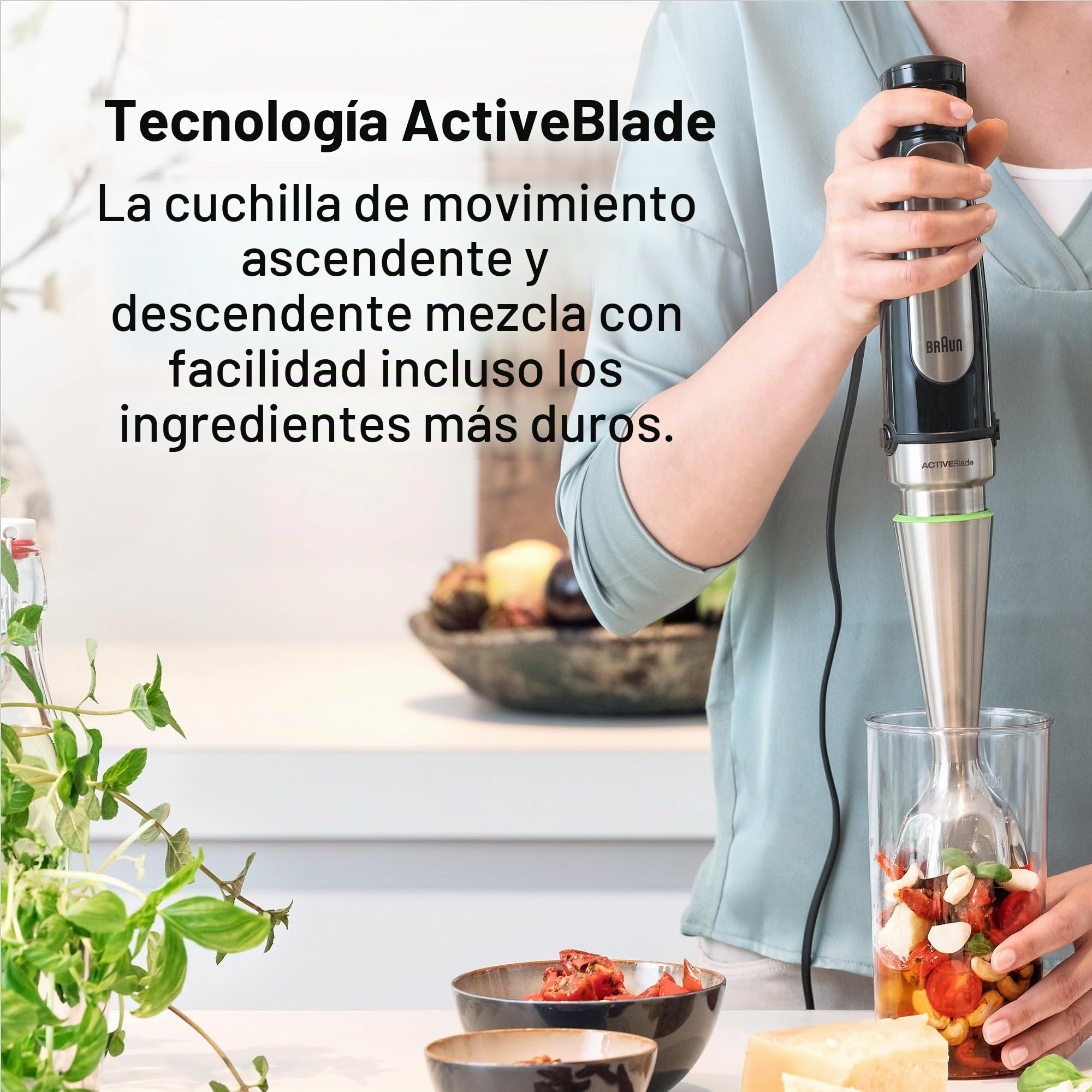 Braun Minipimer 7 MQ7075X - Batidora de Mano de 1000W, 3 Accesorios (Varillas, Procesador de Alimentos con 3 Funciones, Vaso de 600ml), Antisalpicaduras, Velocidad Automática, Tecnología Active Blade