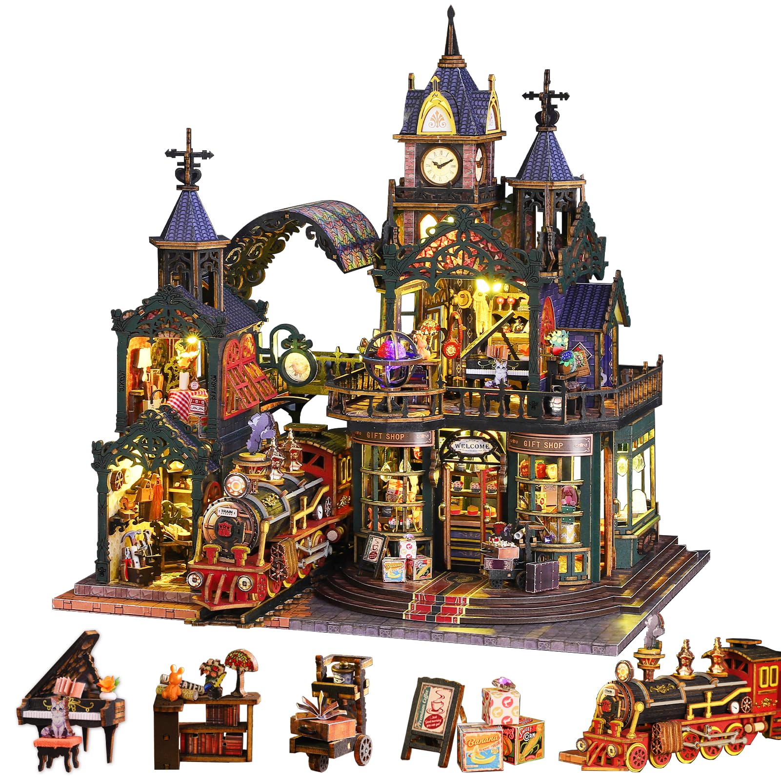 Kit fai da te per casa in miniatura: kit fai da te in miniatura per casa delle bambole con treno a vapore, puzzle 3D in legno per libreria, decorazione con luce LED, piccolo modello di