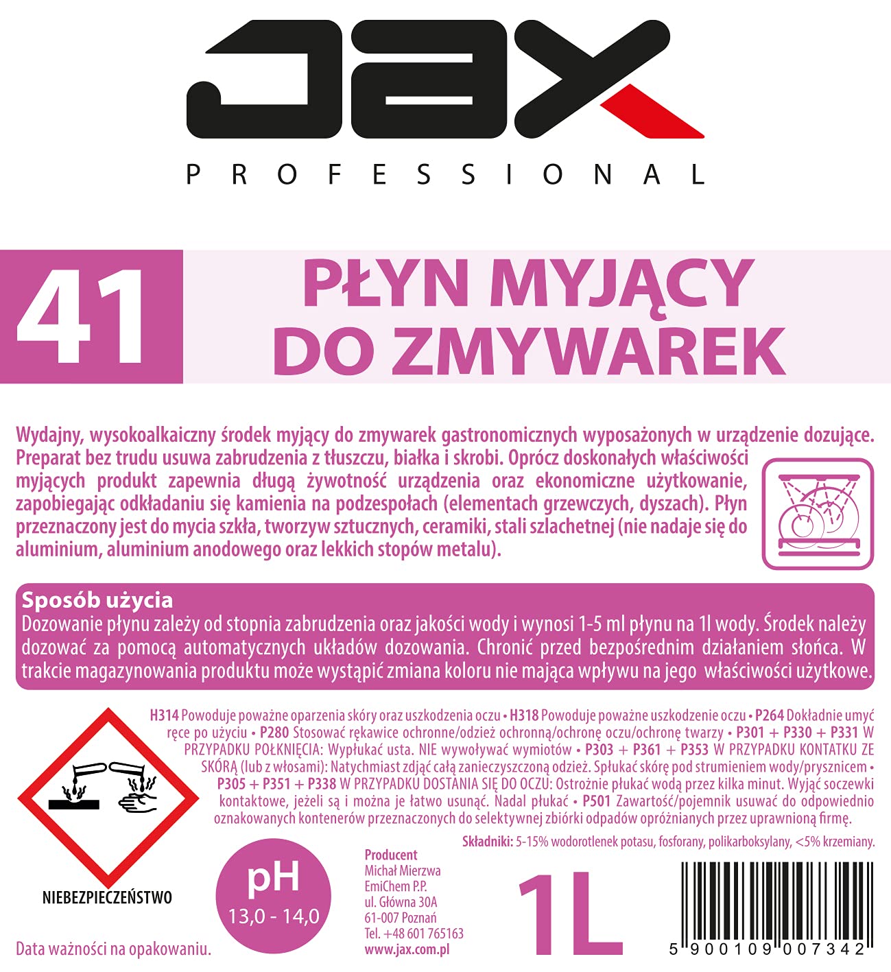 41 1L - PŁYN MYJĄCY DO ZMYWAREK usuwa zabrudzenia z tłuszczu, białka i skrobi, do mycia szkła, ceramiki, mycia tworzyw sztucznych, stali szlachetnej