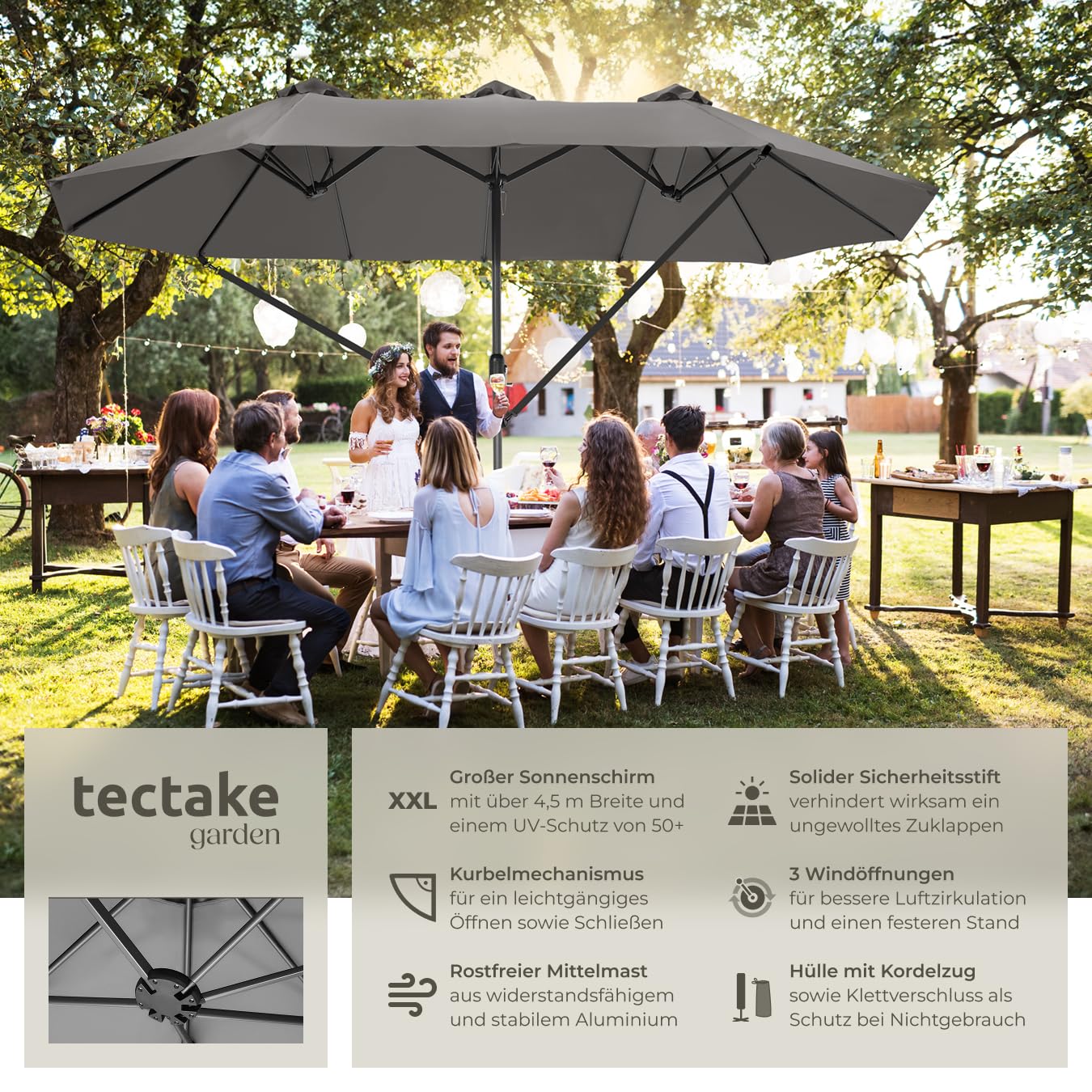 tectake 800936 Doppelsonnenschirm mit Handkurbel, 460 x 270 cm, oval, Aluminium Sonnenschirm mit Sonnenschutz UV50+, für Garten Terrasse Markt Café