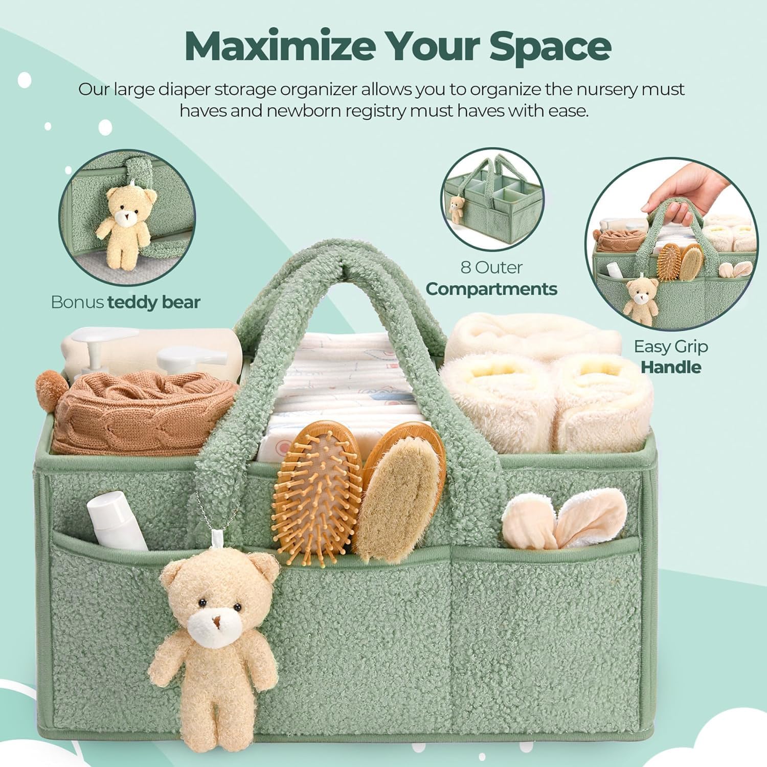 XUXLEKK Borsa Porta Pannolini Organizer, Organizer Per Pannolini Per Bambini con Scomparti e Maniglie, Portatile Organizers Fasciatoio per Neonati, Baby Diaper Caddy (Verde