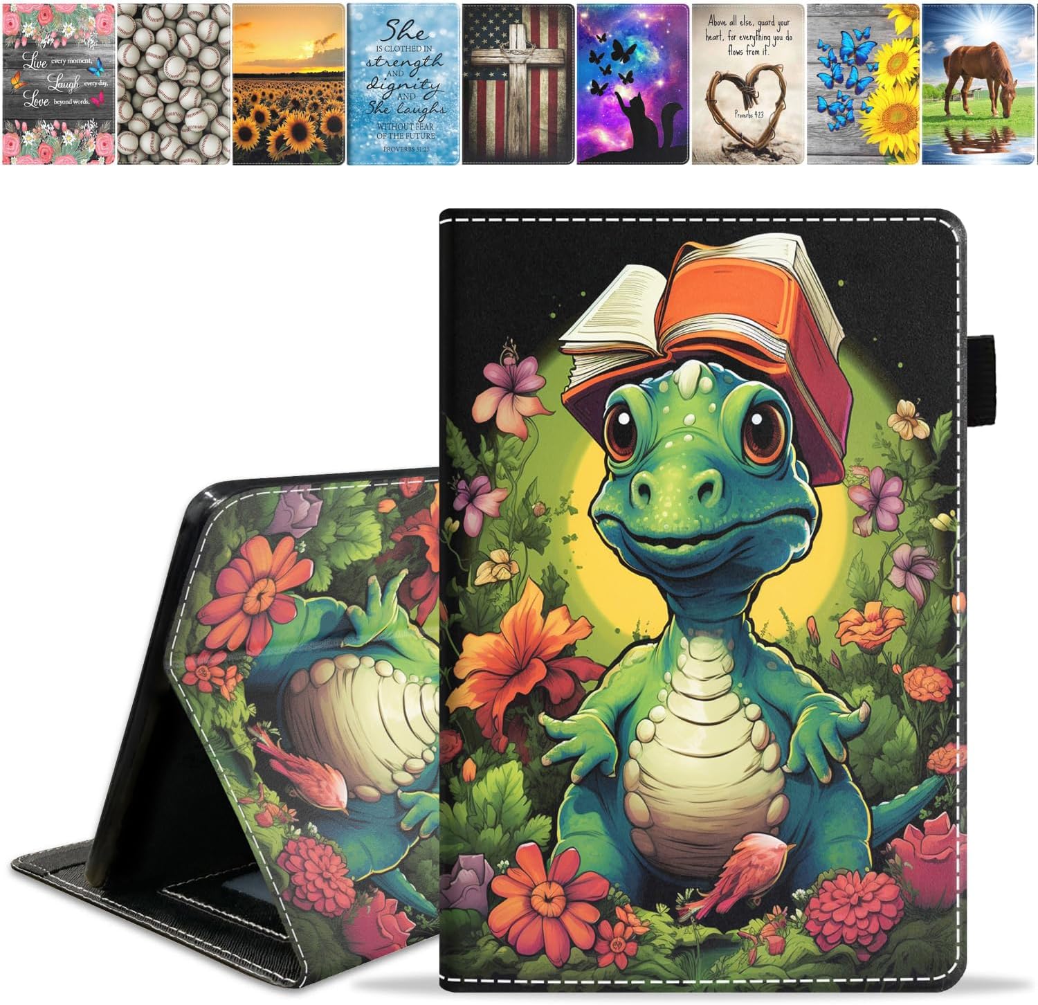 Case for Amazon Kindle Fire 7 Tablet (7" Display, 9th/7th Generation, 2019/2017 Release), Premium PU Leather Stand Cover with Auto Wake Sleep, Cute Little Dinosaur