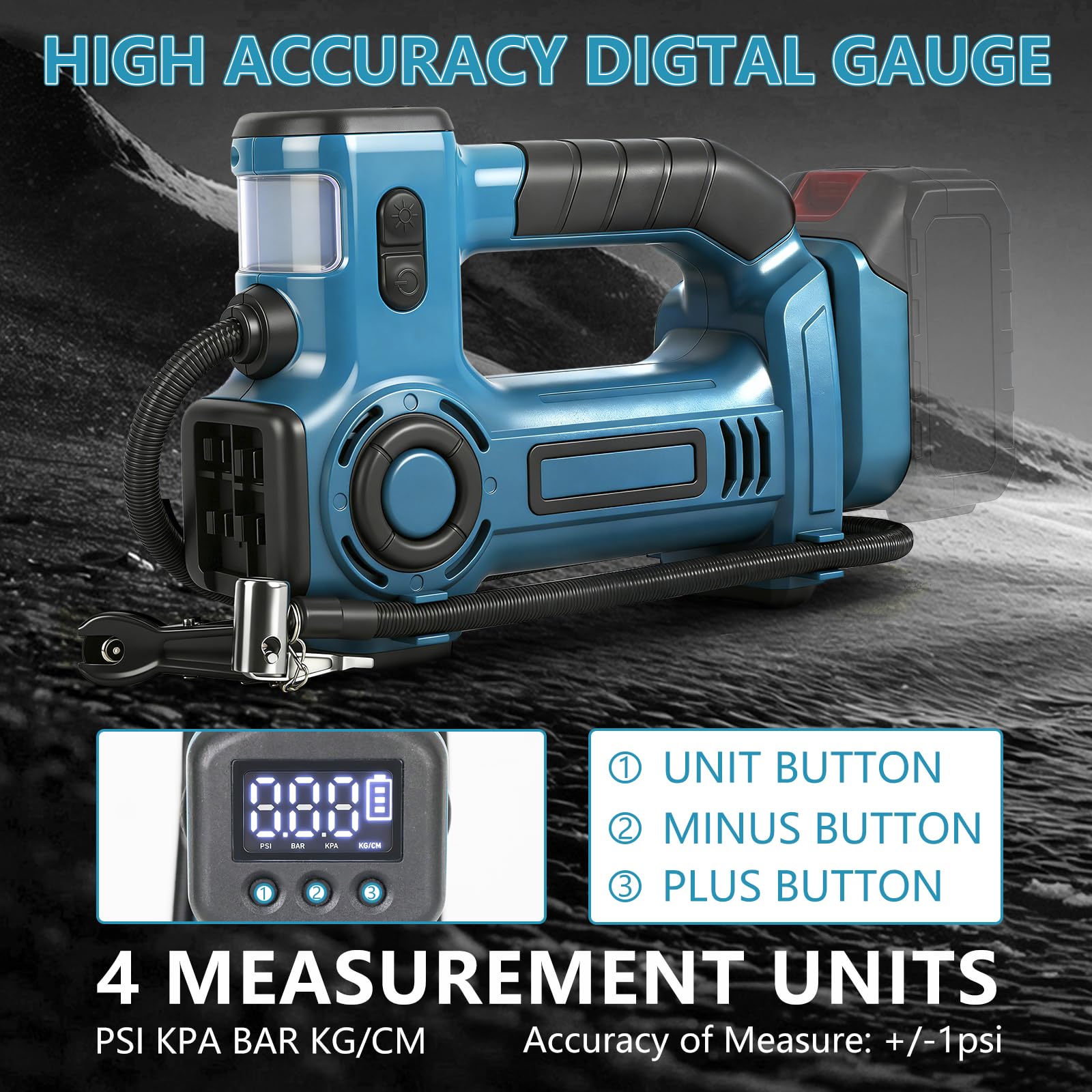 Inflador Compresor compatible con Makita 18 V, Compresor de Aire Portátil con Manómetro Digital para Coche, Moto, Pelotas de Bicicleta, Presión Máxima de Aire 830 kPa (sin batería)