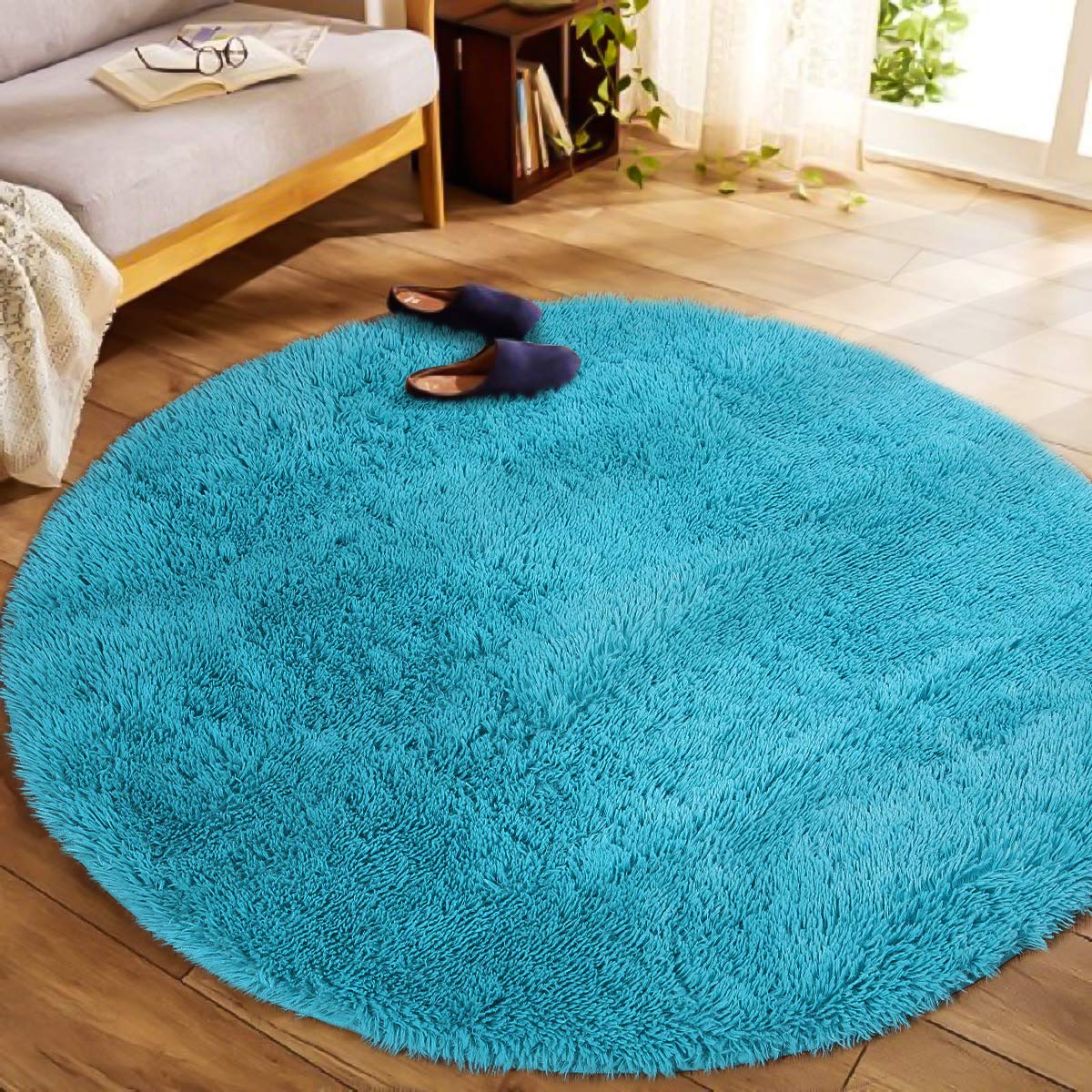 YOH Fluffy Soft Round Area Rugs for Kids Girls Room Princess Castle Plush Shaggy Carpet Cute Circle Furry Nursery Rug for Teen's Bedroom Living Room Home Decor Big Circular Floor Carpet 6'x6' Blue