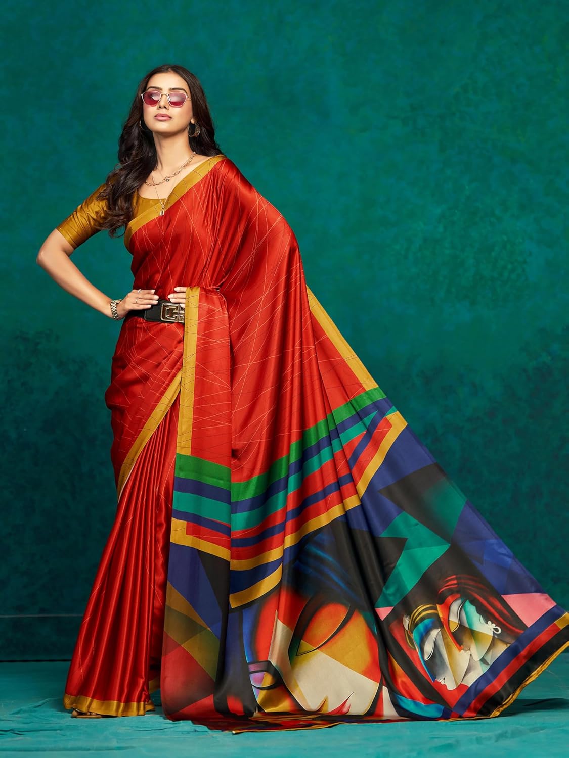 Womens Digital Portrait Face Art Satin Silk Ready To Wear Saree One Size Red