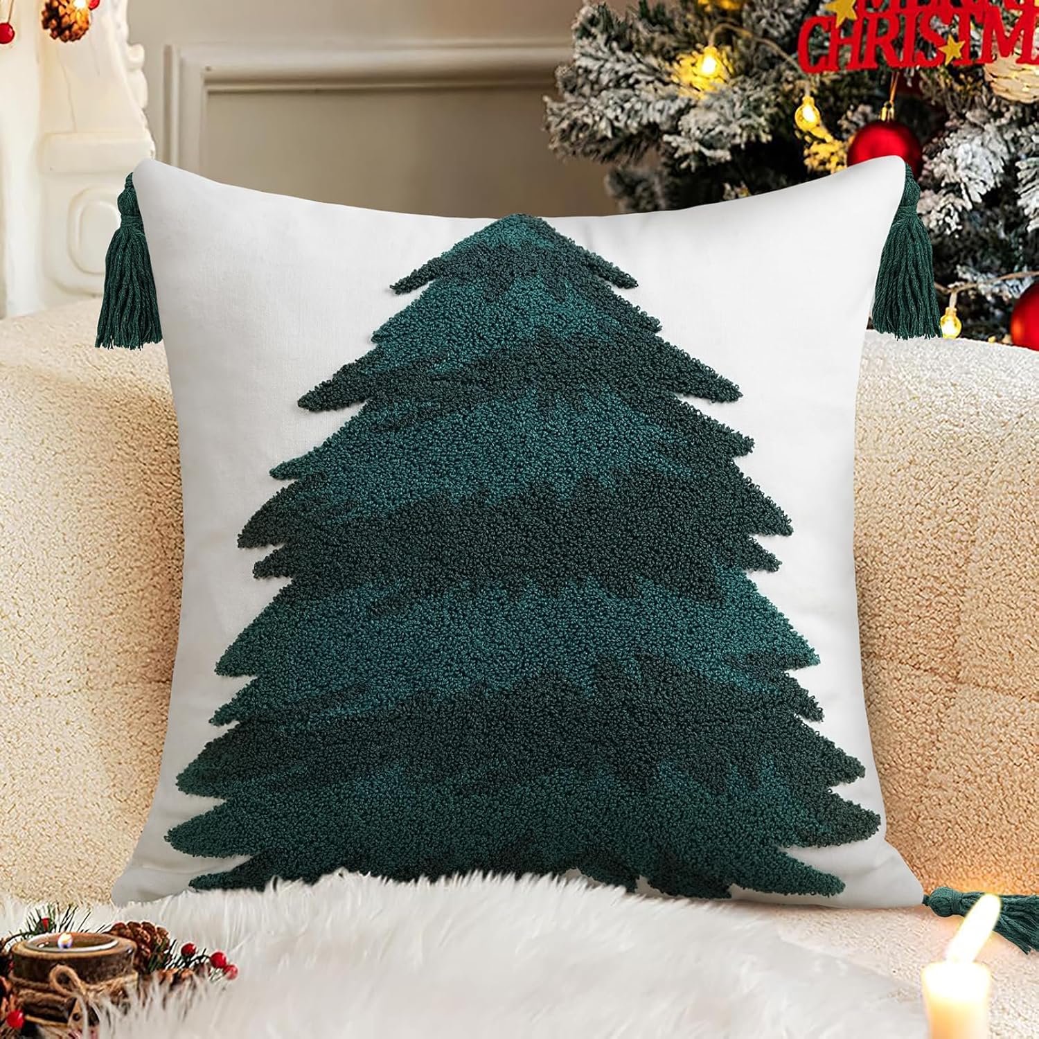 Tufted Christmas Tree Throw Pillow Cover, New Year Embroidered Pillowcase with Tassels, Hand Woven Xmas Cushion for New Year Winter Holiday Home Decor 18 inch (White, 18"×18")