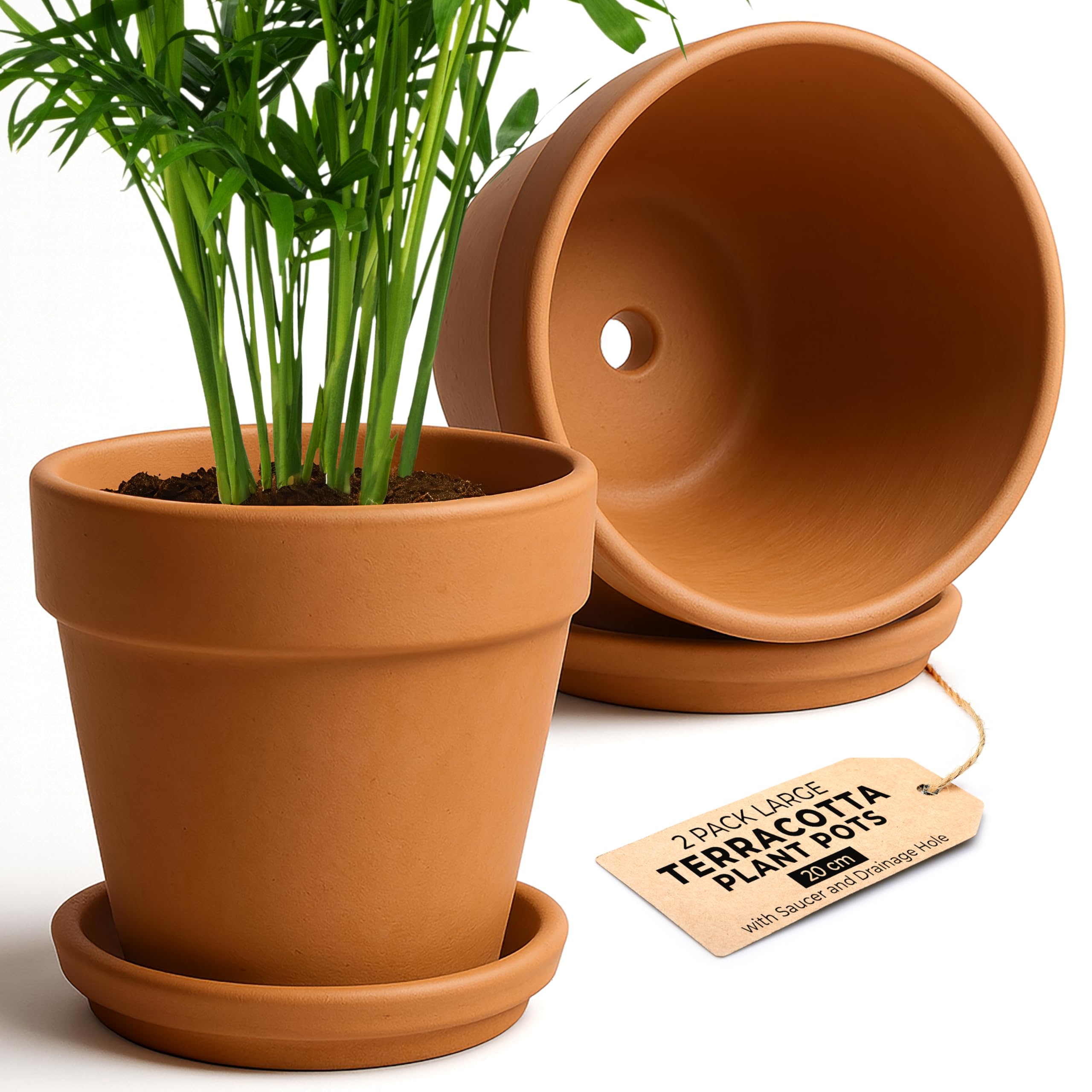 Green Thumbz Brown Clay Pots For Plants With Saucer - 20Cm X 2 Pack Large Terracotta Plant Pots With Drainage Hole, Ceramic Pots For Plants For Indoor/Outdoor Use