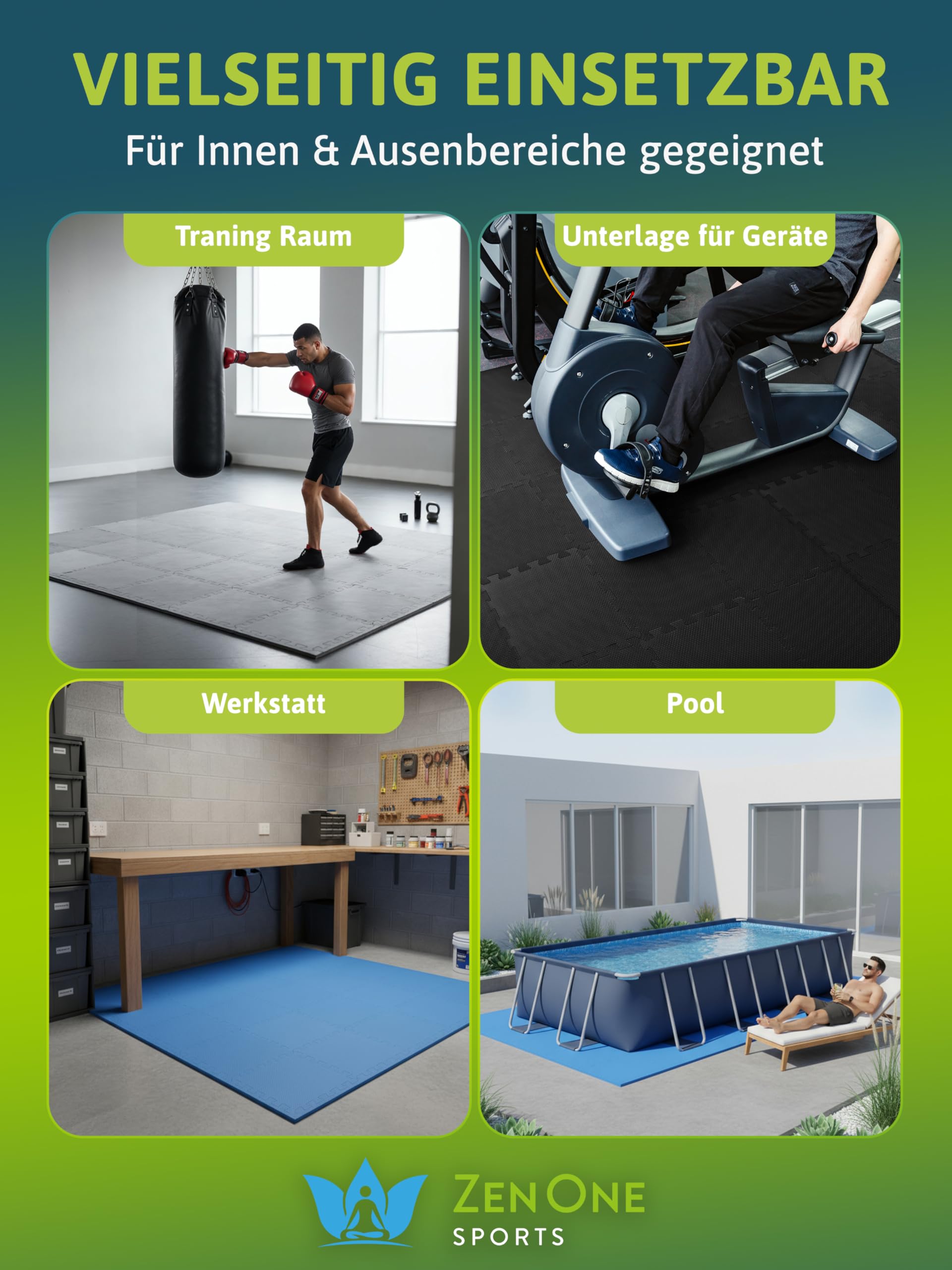 ZenOne Sports® Bodenschutzmatte Fitness I Puzzlematte Boden - 30x30x1cm I Individuell verlegbare Trainingsmatte für dein Home Gym I Robuste Bodenmatte für Sportgeräte, Schaumstoffmatte