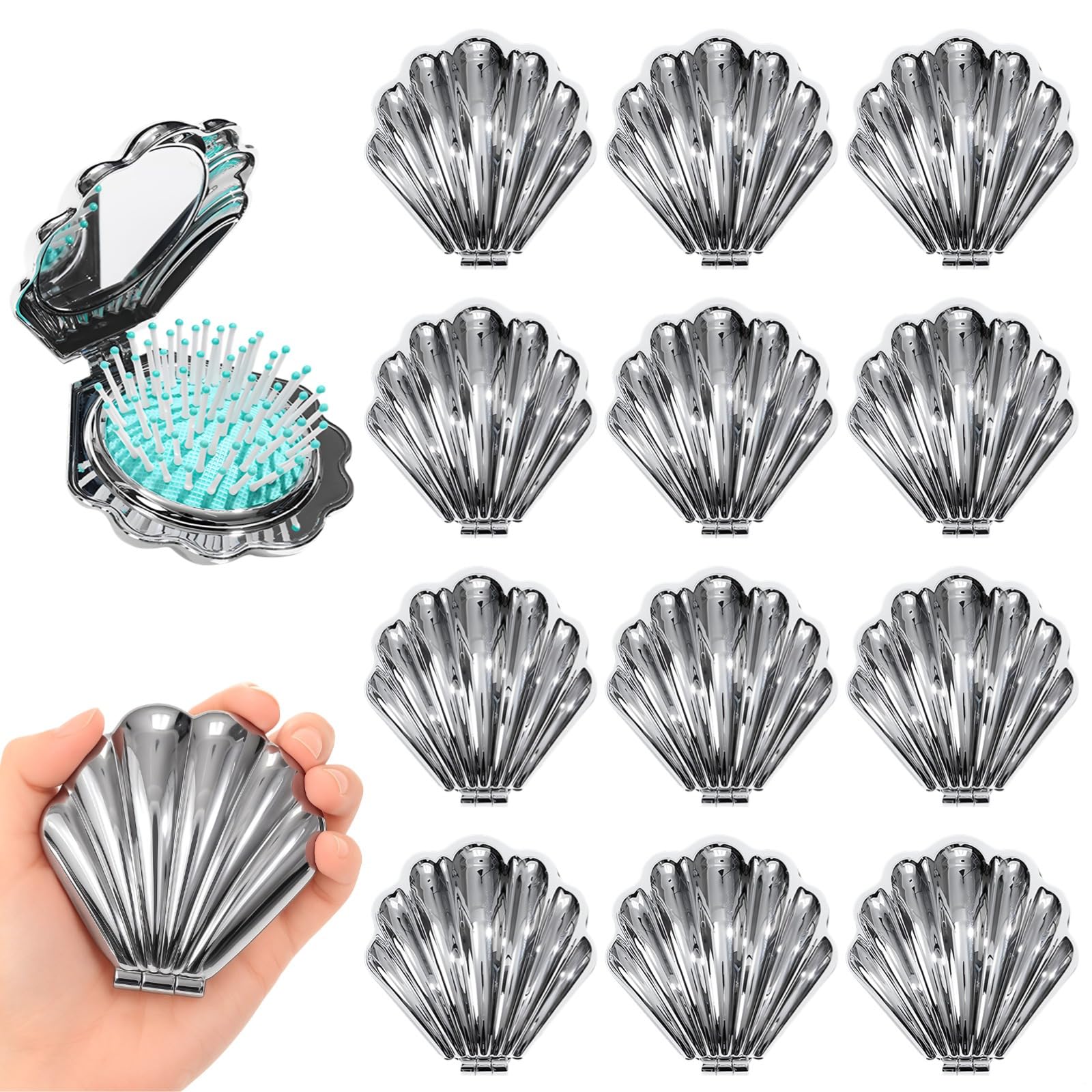 12 Stück faltbare Reise-Haarbürsten, Mini-Haarkämme in Muschelform mit Spiegel, kompakte Taschenhaarmassagebürsten, niedliches Make-up-Spiegel-Set für unterwegs