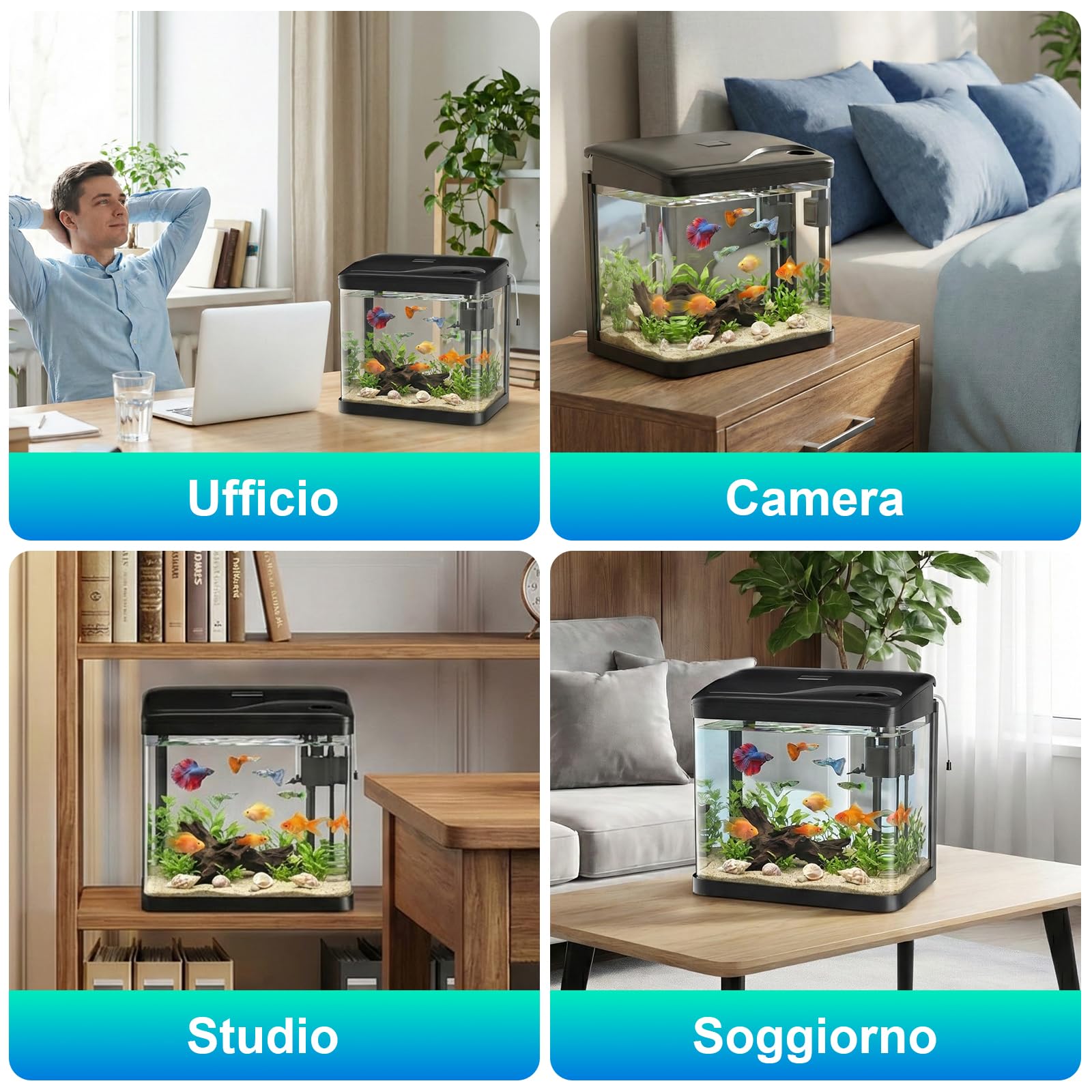 Acquario in Vetro Acquario Completo Acquarios Per Pesci Rossi,con Illuminazione a LED e Sistema di Filtraggio,10 Litri,Nero,Set Per Principianti