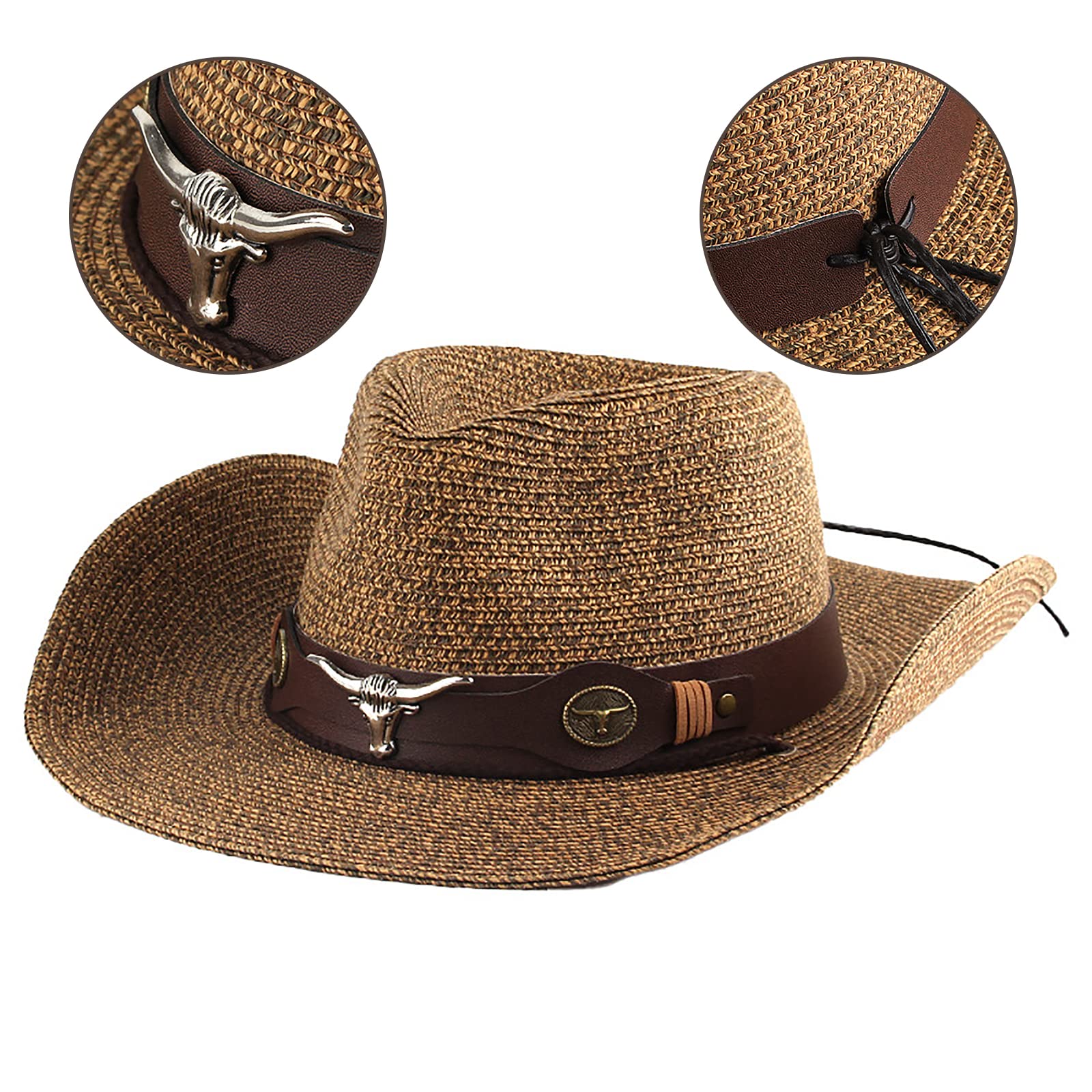 Cowboy Hat for Men and Women - Classic Style Shapeable Wide Brim Straw Western Cowgirl Sun-Hat Coffee