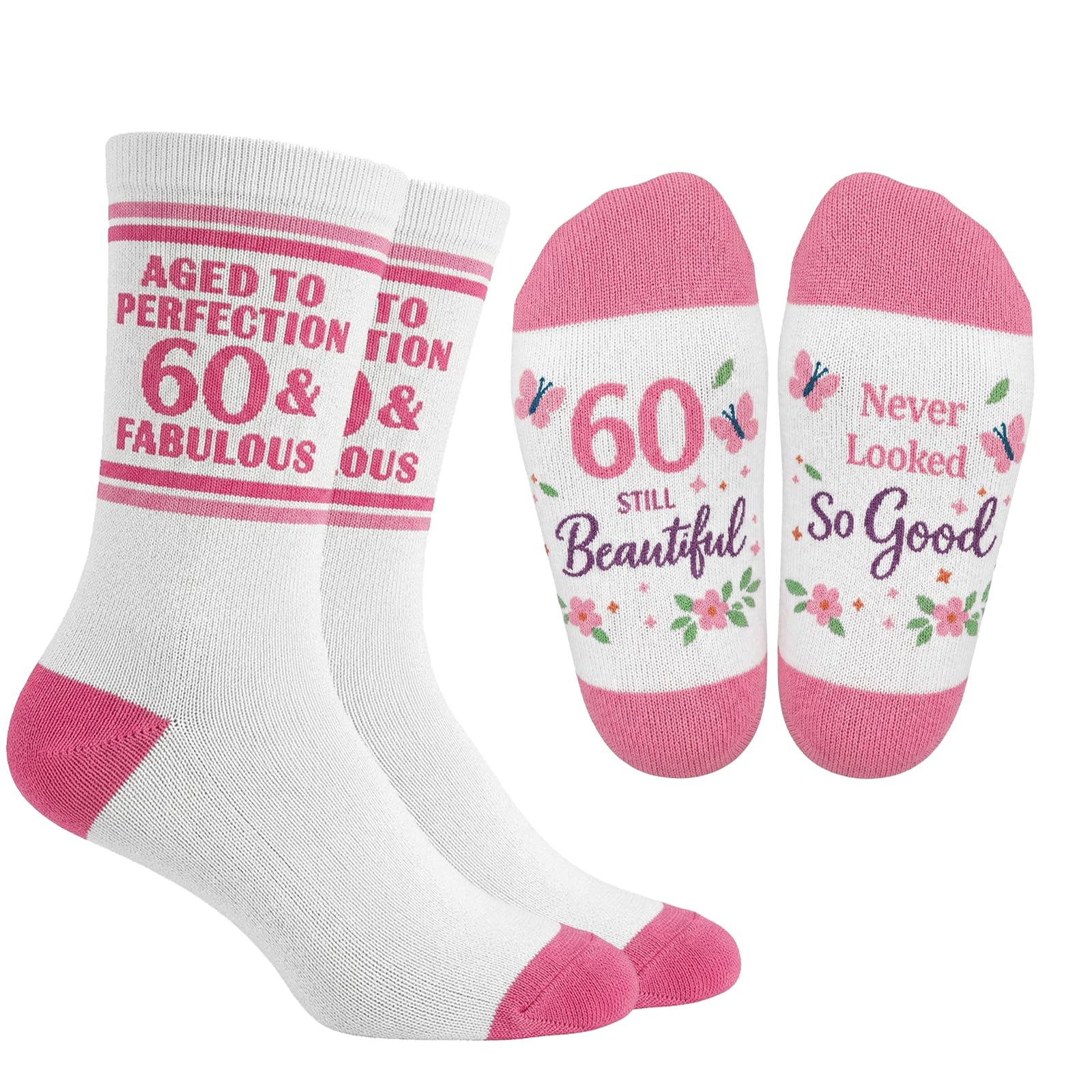 prezentz 60th Birthday Gifts For Women Funny Socks, 1966 Birthday Gift For Her, 60 & Fabulous Floral Butterfly Cotton Socks, Unusual 60th Birthday Presents For Mum Friend Sister Wife Daughter