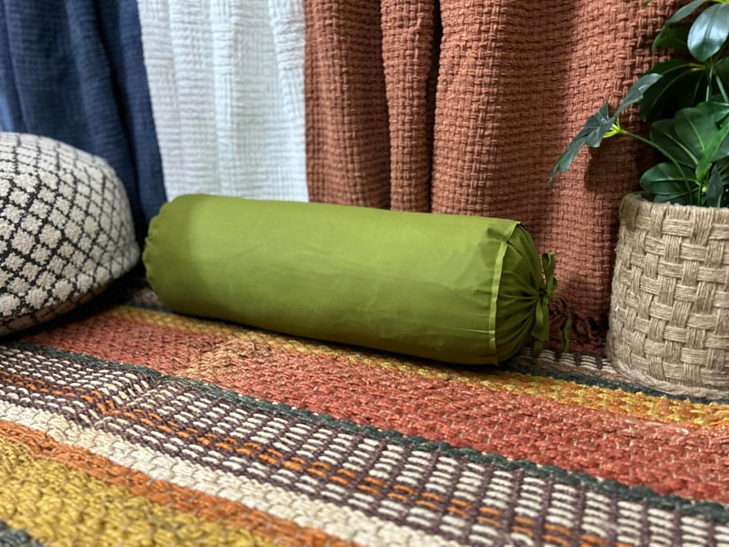 2 Pcs Cervical Neck Roll Pillow Cover with Drawstring closures Round Neck Roll Pillow Case cotton Bolster Pillowcases for Cylindrical Cushion (Olive Green, 6 x18 inch ( 15 x45.5 cm ))