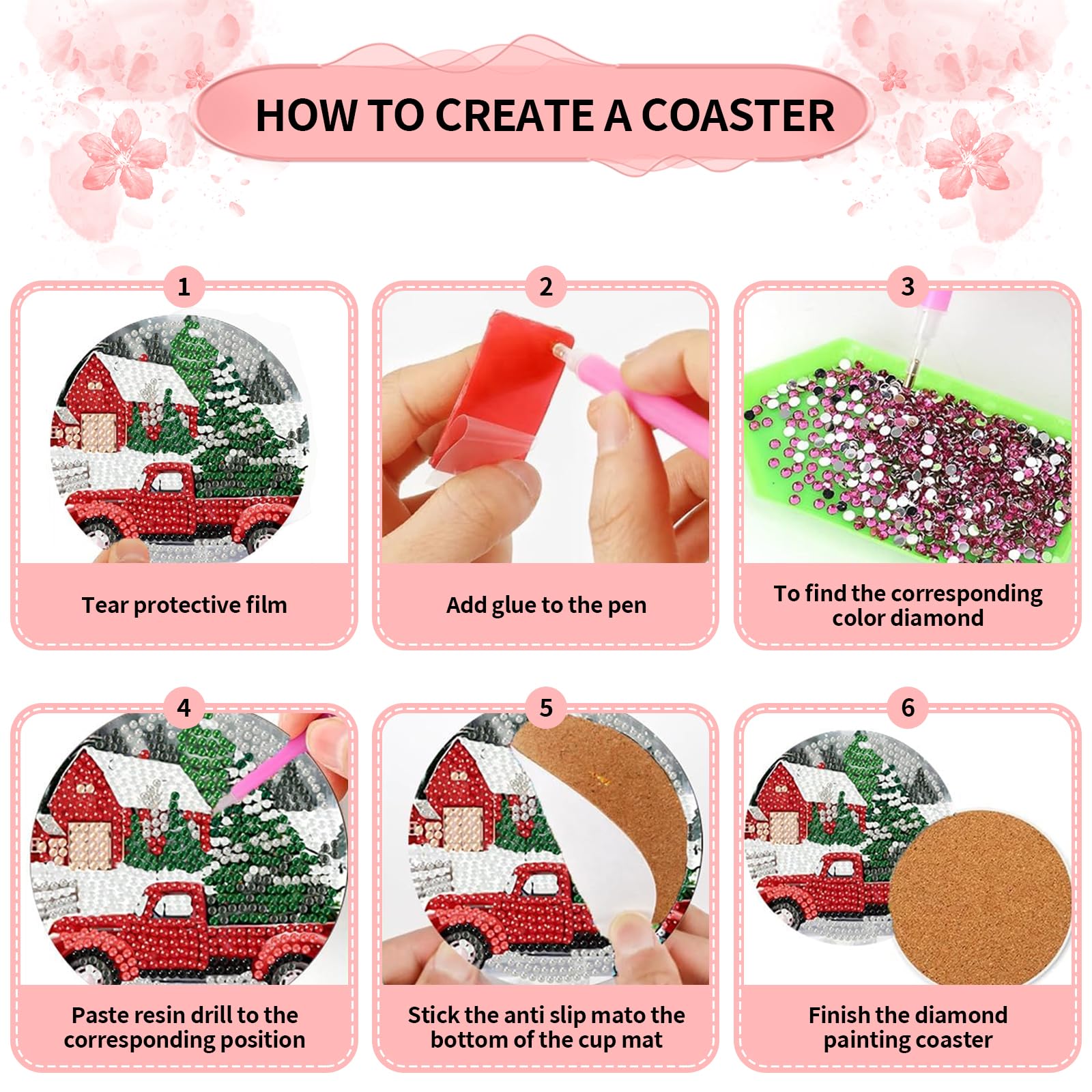 Kit 8 Sottobicchieri Natale A Diamante Pittura 5D - Con Supporto, Per Adulti E Bambini, Fai Da Te Completo Di Accessori - 2