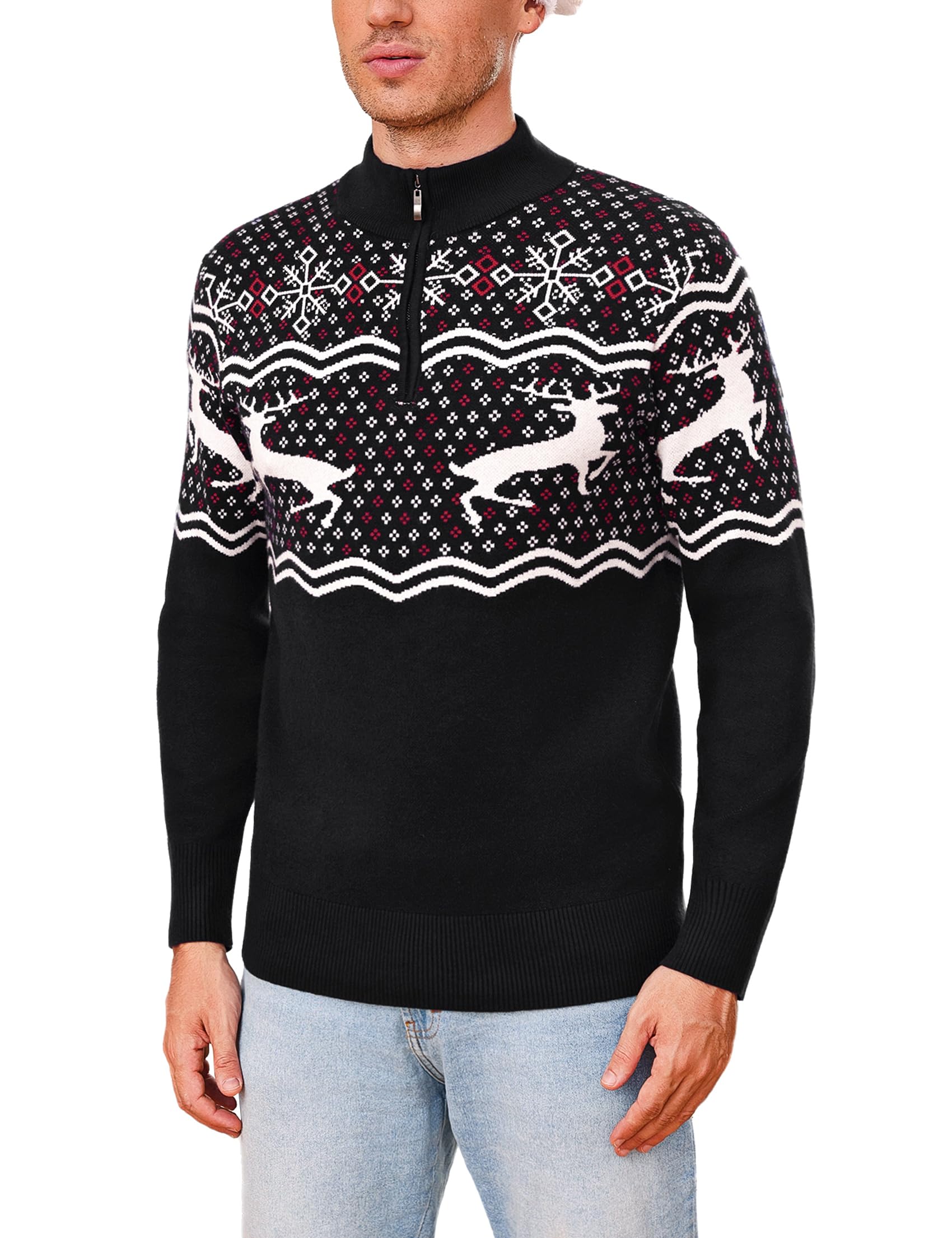 Weihnachtspullover Herren 1/4 Zip Stehkragen Rentiermotiv | Rentier und Schneeflocken Muster, Langarm, Festlicher Winterlook, Weihnachtsfeier, Party, Familienabend und Freizeit
