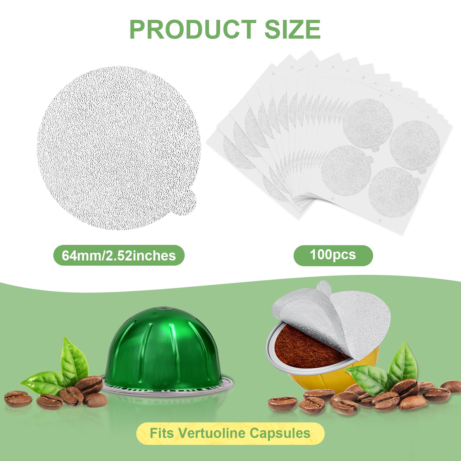 Tapas de sellado de papel de aluminio para cápsulas Nespresso reutilizables, compatibles con máquina Nespresso Vertuoline, sellos de cubierta de cápsulas de café reutilizables de 64 mm, 100 unidades