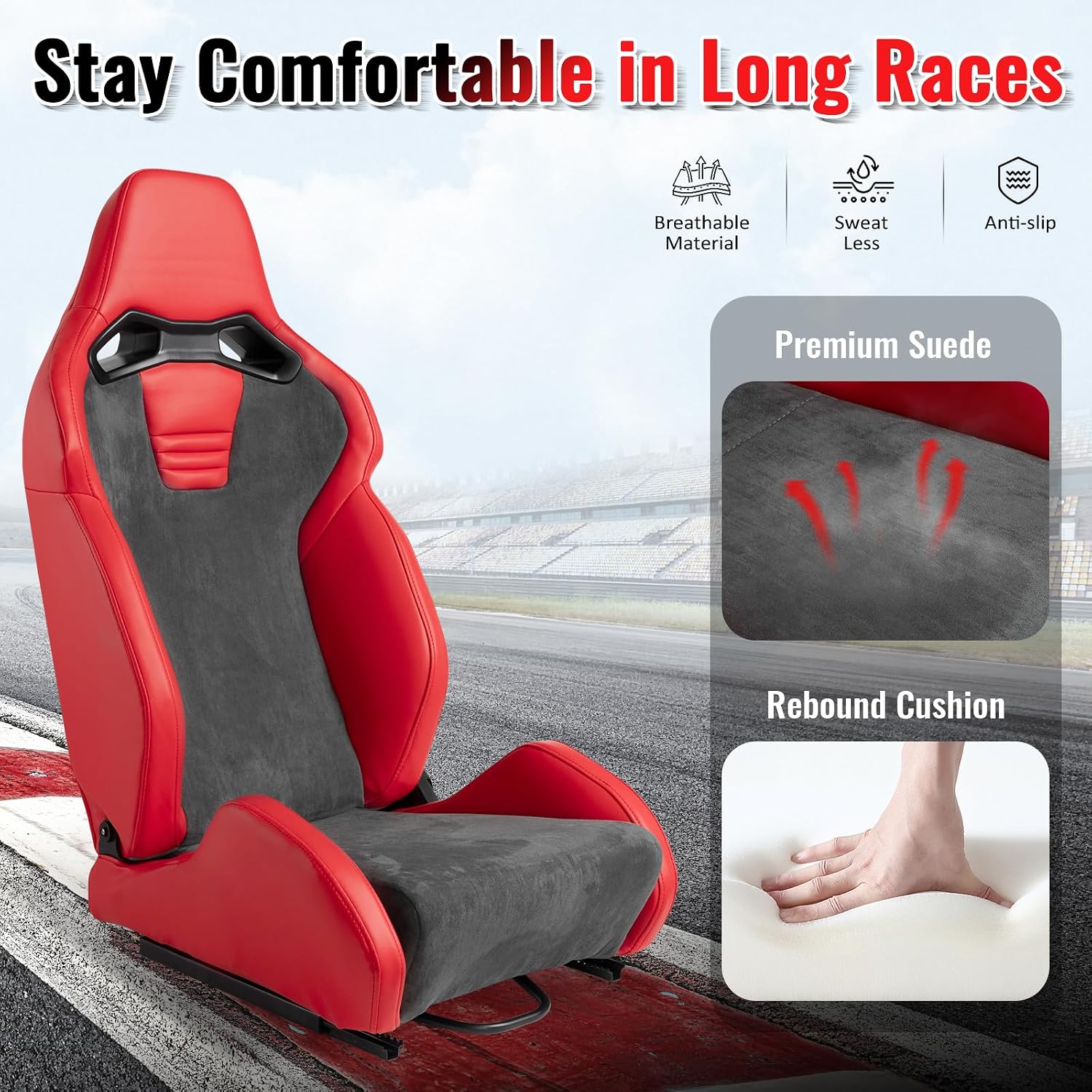 IKON MOTORSPORTS Universal Pair Racing Seats with Dual Sliders, Red PU Leather & Grey Suede & Red PU Back, Comfortable Cushion Ergonomic Reclinable Bucket Racing Seats