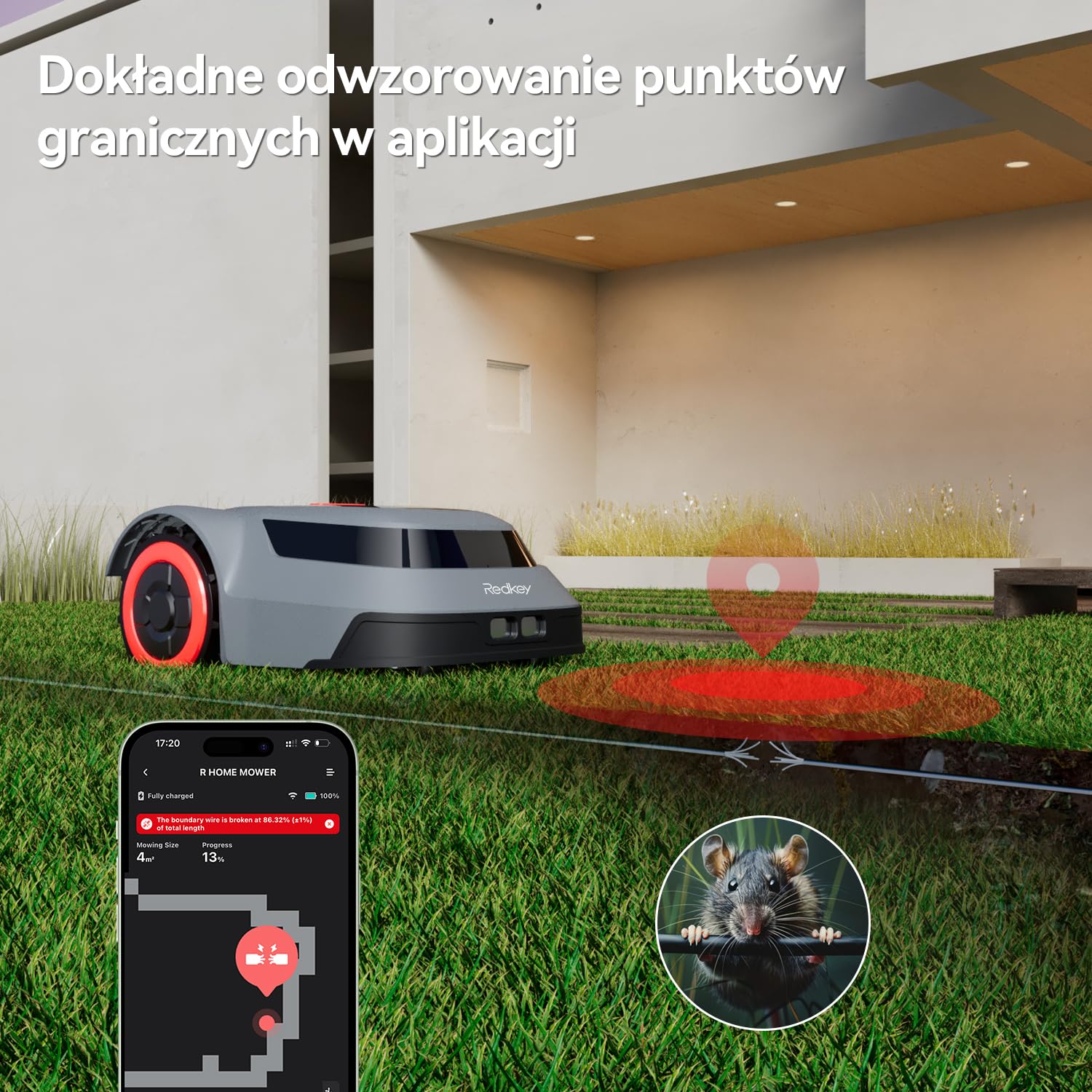 Redkey MGC500 robot kosiarka samochodowa, wykrywanie pęknięć kabla, maksymalny kąt wznoszenia 24°, automatyczna taca z ostrzami podnoszącymi, sterowanie za pomocą aplikacji, do przestrzeni podwórka do