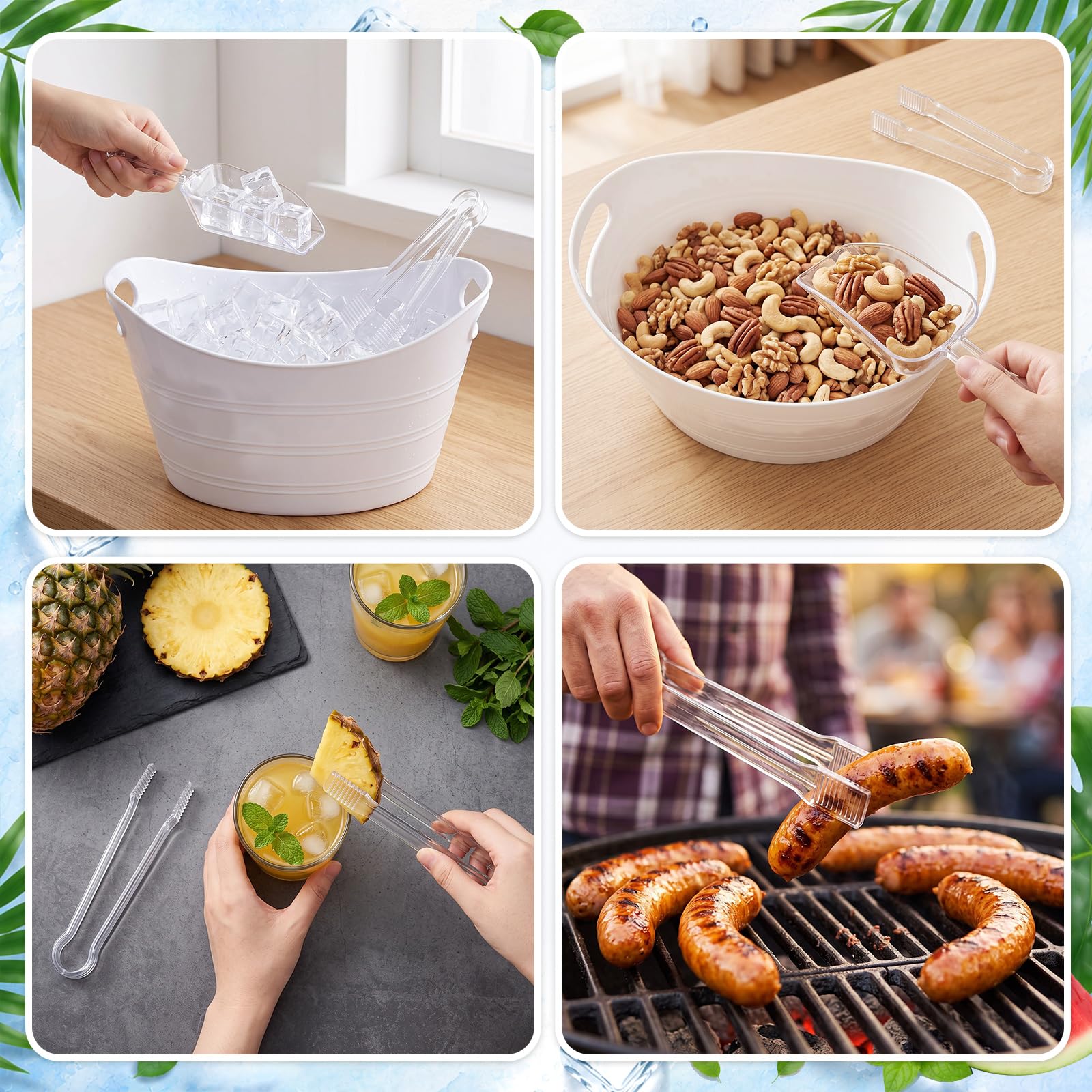 meekoo Juego de 6 cubos de hielo de plástico a granel con asas, incluye 6 recipientes ovalados de almacenamiento, 6 cucharas de hielo y 6 pinzas para barbacoa, boda, fiesta, bar, vino, cerveza